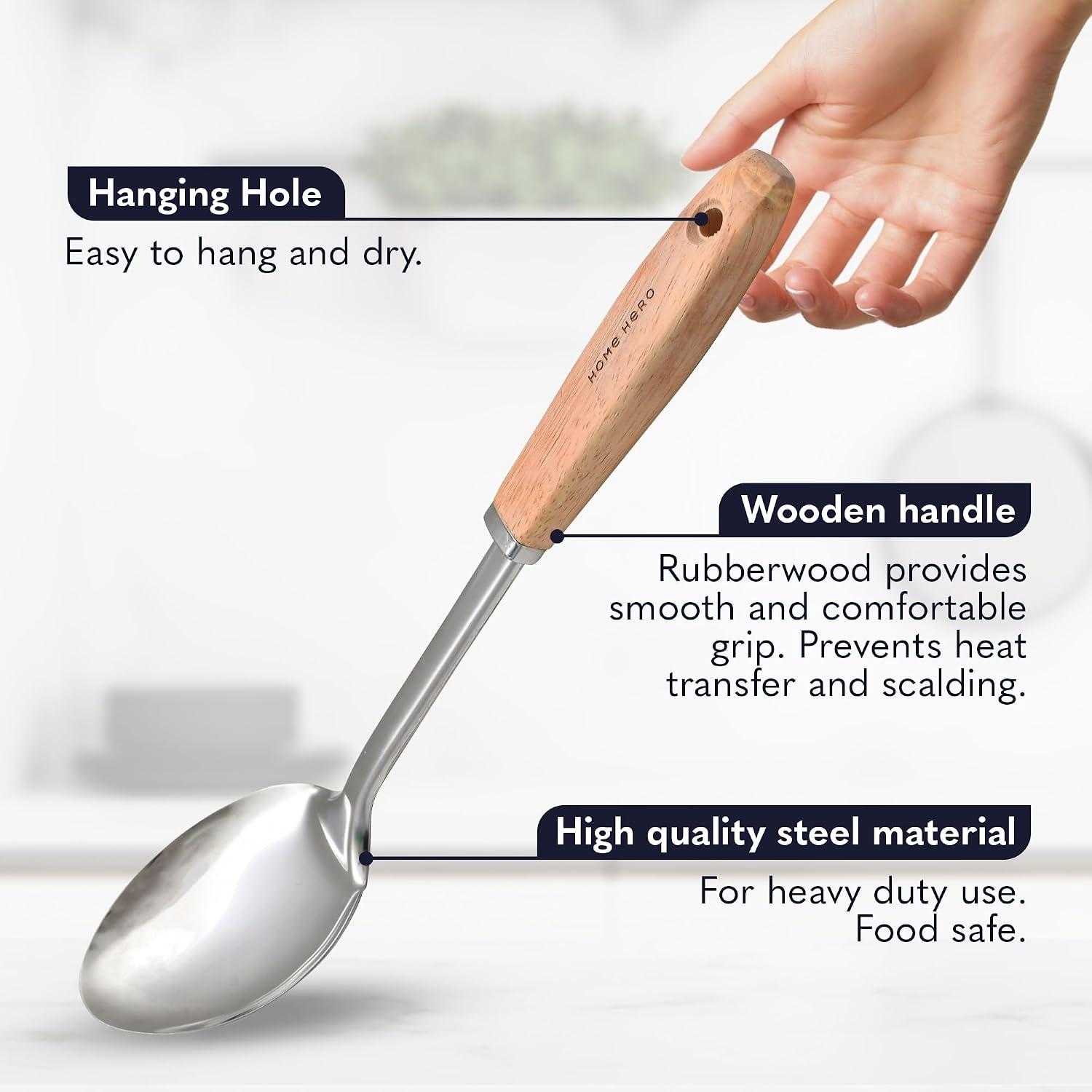 Detalle de Home Hero 10-Piece Stainless Steel Kitchen Utensils Set with Wood Handles (Silver & Wood)