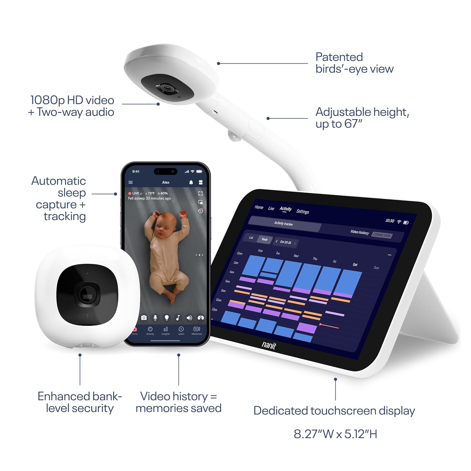 Thumbnail 1 de Nanit Smart Baby Monitor System with Floor Stand (8-inch Display) — real-time notifications, sleep insights, and 1080p HD video