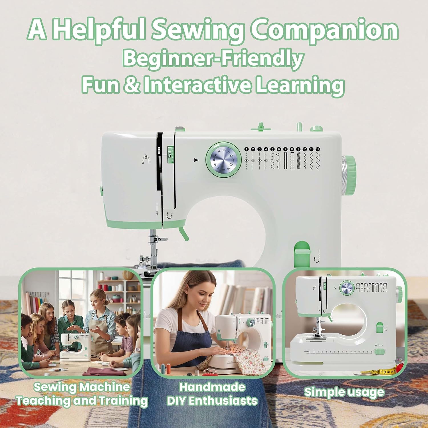 Detalle de Stoigeld Portable Sewing Machine for Beginners, 12 Stitches and 32-Piece Kit