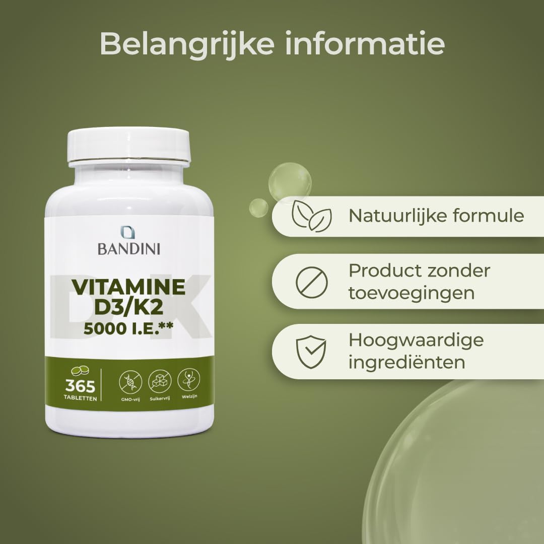Detalle 2 de BANDINI Vitamine D3 + K2, 365 vegan tabletten met 100 µg K2 MK-7