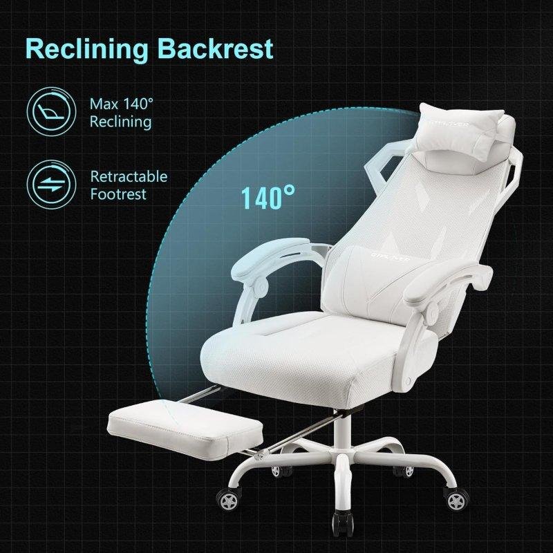 Detalle de Silla gaming ergonómica GTPLAYER con respaldo reclinable y reposapiés, malla transpirable