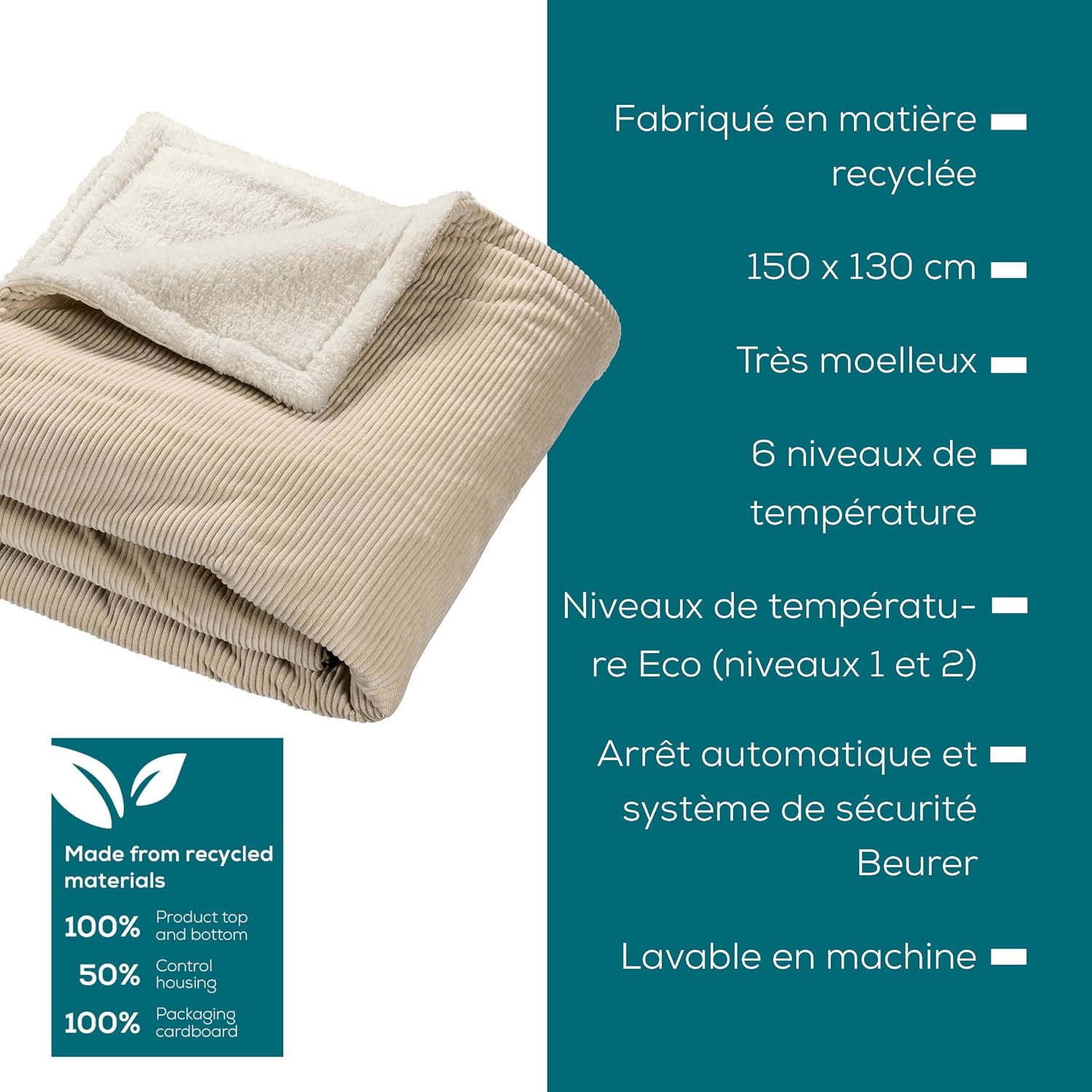 Thumbnail 6 de Beurer HD 80 couverture chauffante en velours côtelé beige 180x130