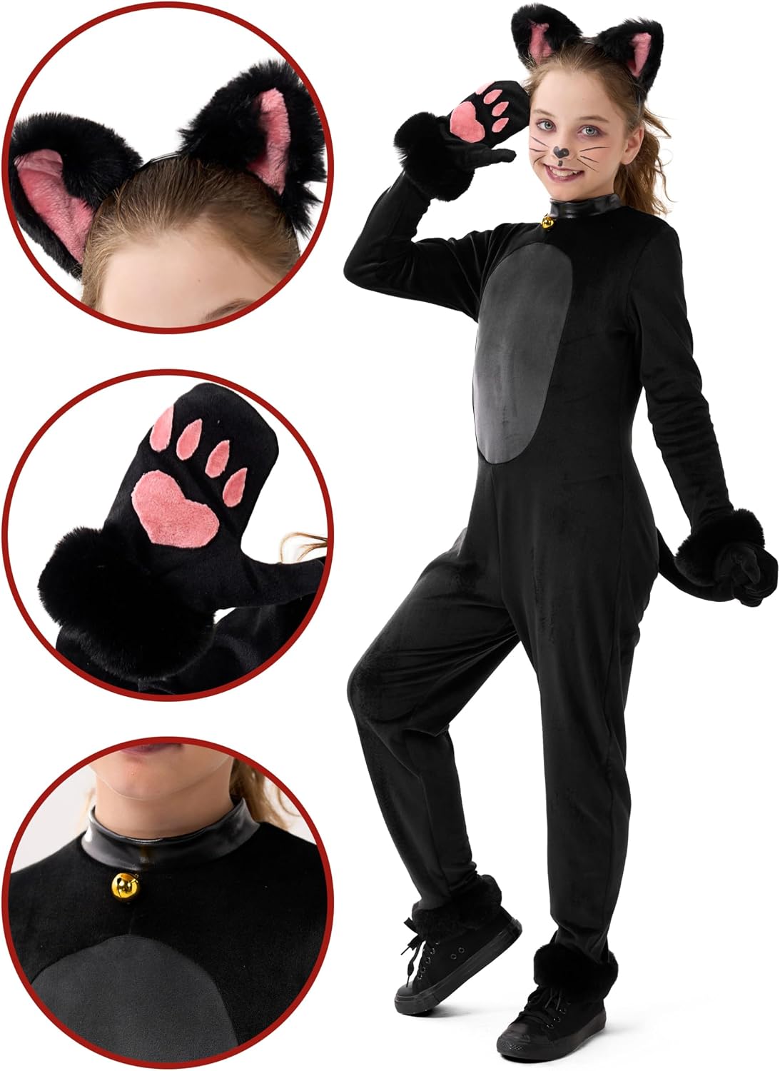 Detalle de Spooktacular Creations Girls Cat Costume, Plush Black Jumpsuit with Detachable Tail