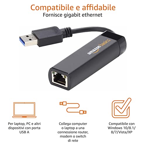 Detalle de Amazon Basics Adattatore Ethernet USB 3.0 a 10/100/1000 Gigabit, Nero