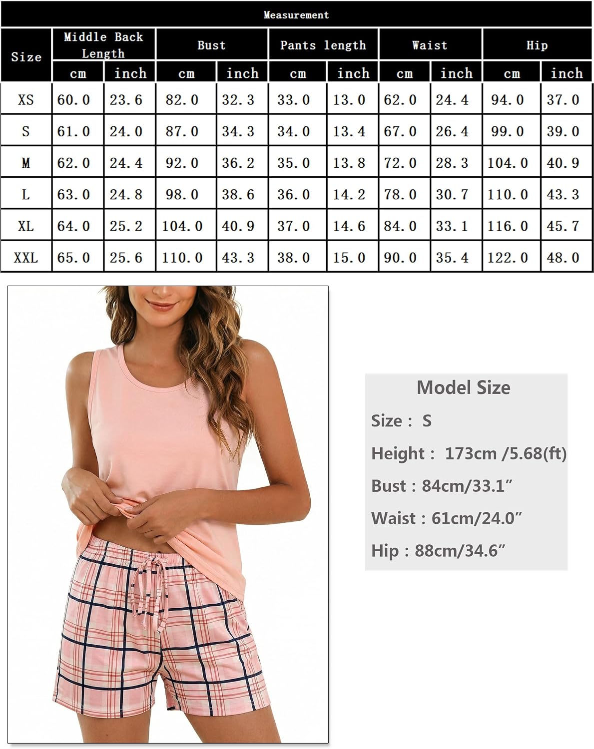 Thumbnail 5 de Ensemble pyjama femme d’été Bresdk : débardeur col rond + short en coton à carreaux