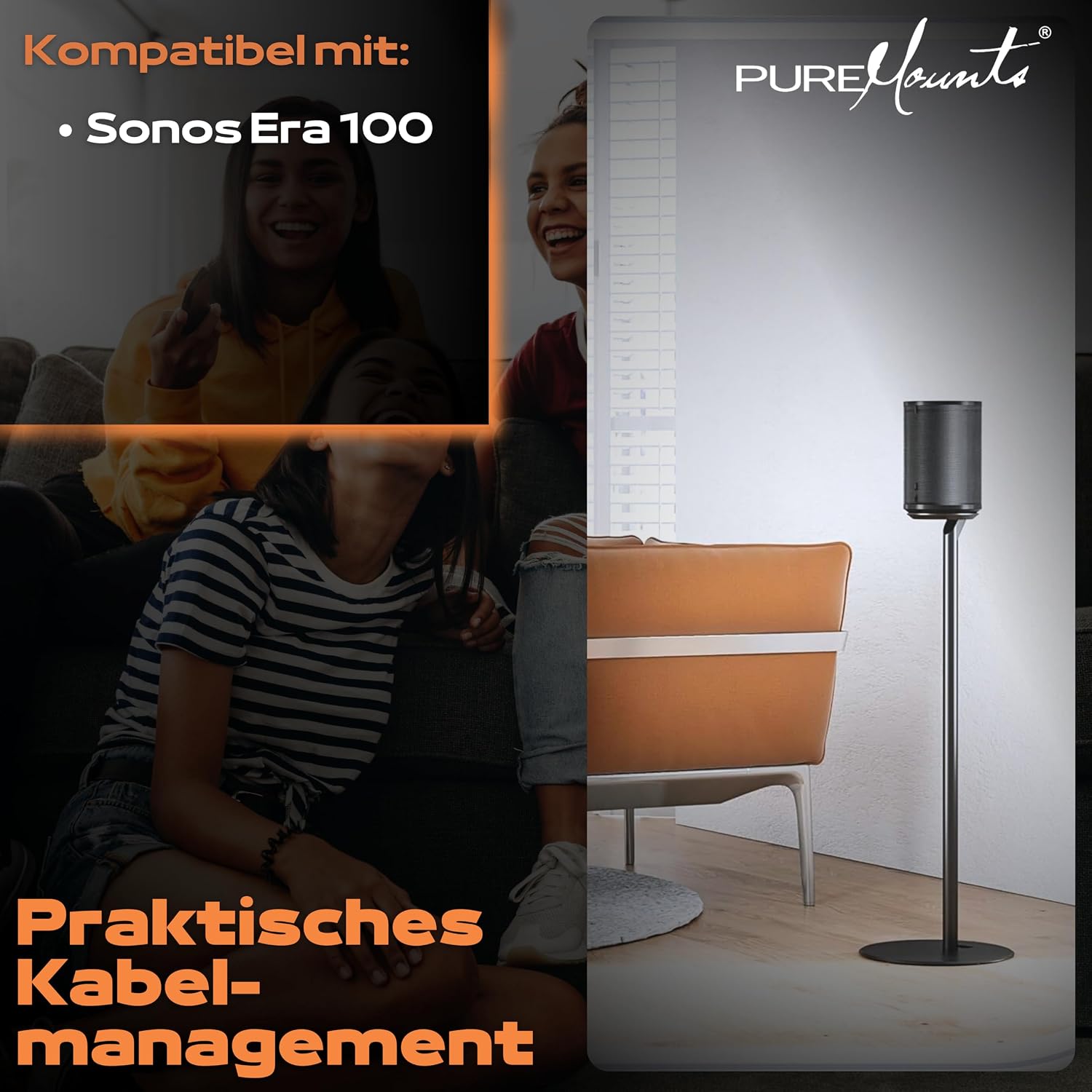 Detalle de PureMounts SOM-170 – stojak do Sonos Era 100 ze stalową konstrukcją i prowadzeniem kabli