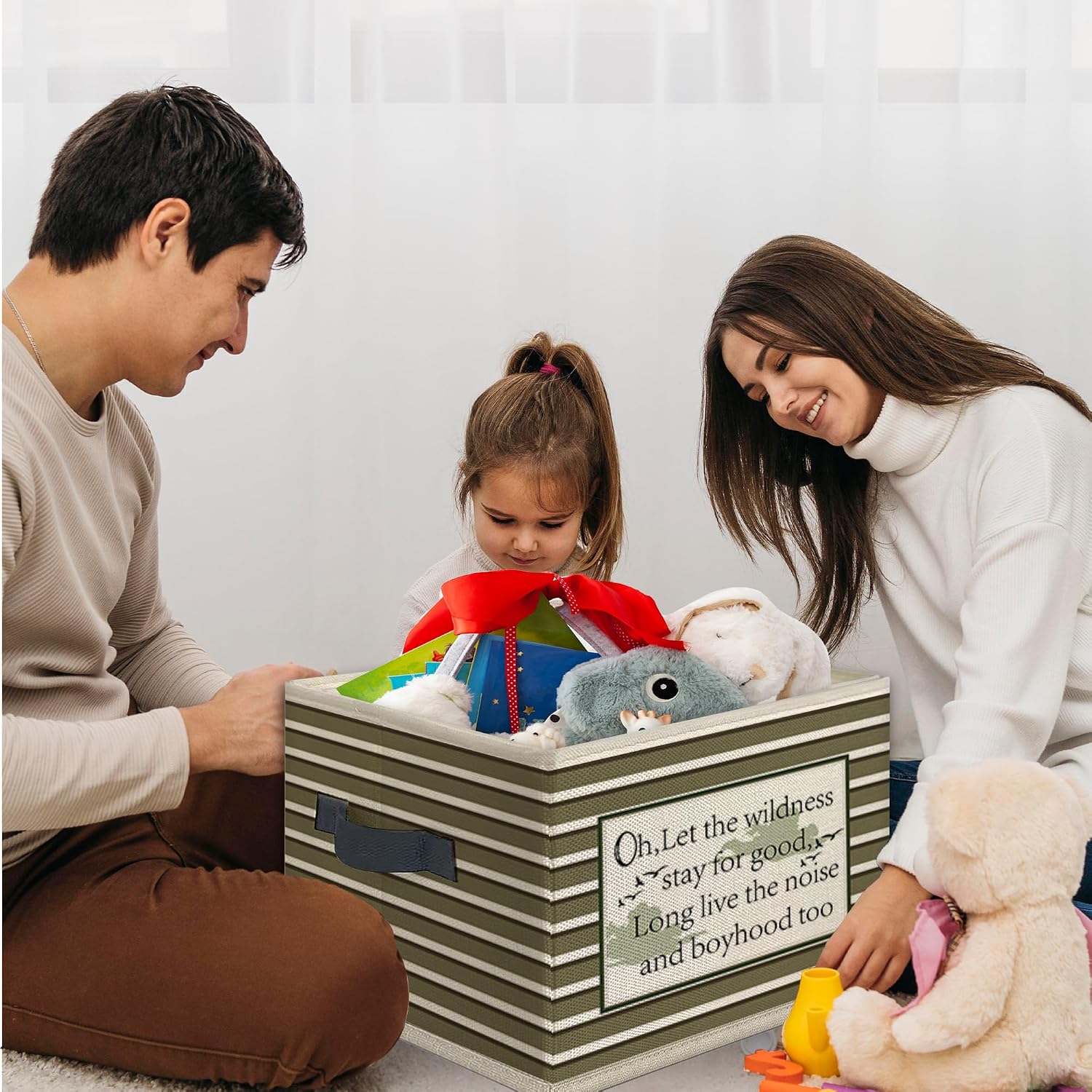 Detalle de Mcehtle Green Striped Collapsible Storage Bin with Handles, 14 x 10 x 10 Inches