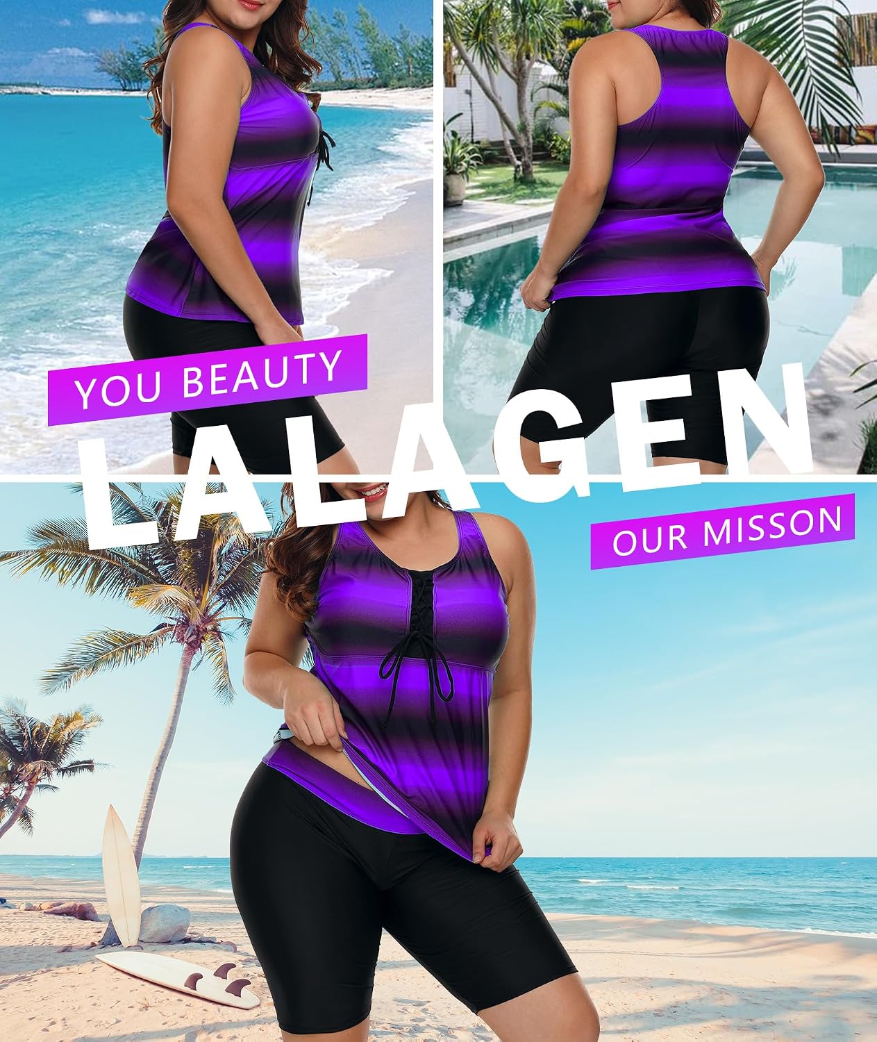 Detalle 2 de LALAGEN Plus Size Tankini Swimsuit Set (S-5X) with Rash Guard Capris