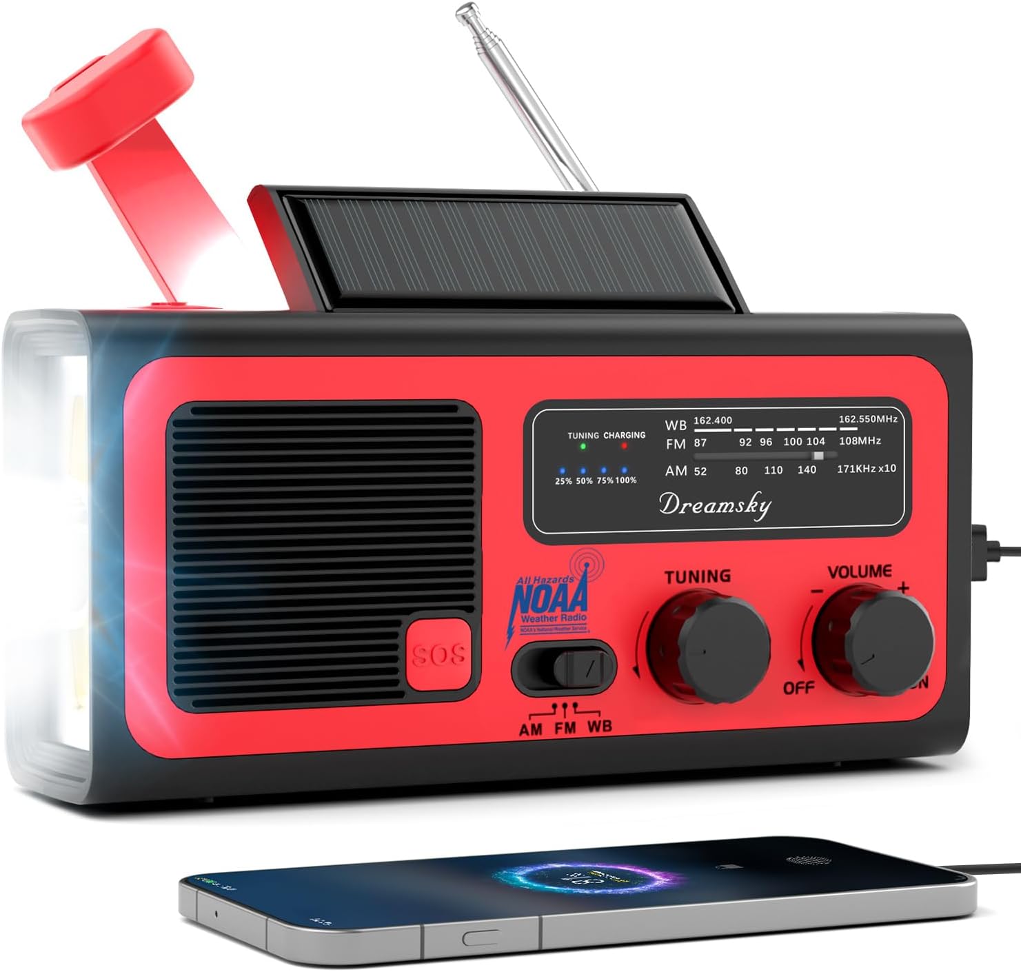 Detalle de DreamSky NOAA Emergency Radio with Hand Crank, Solar Charging, SOS Alarm and Light