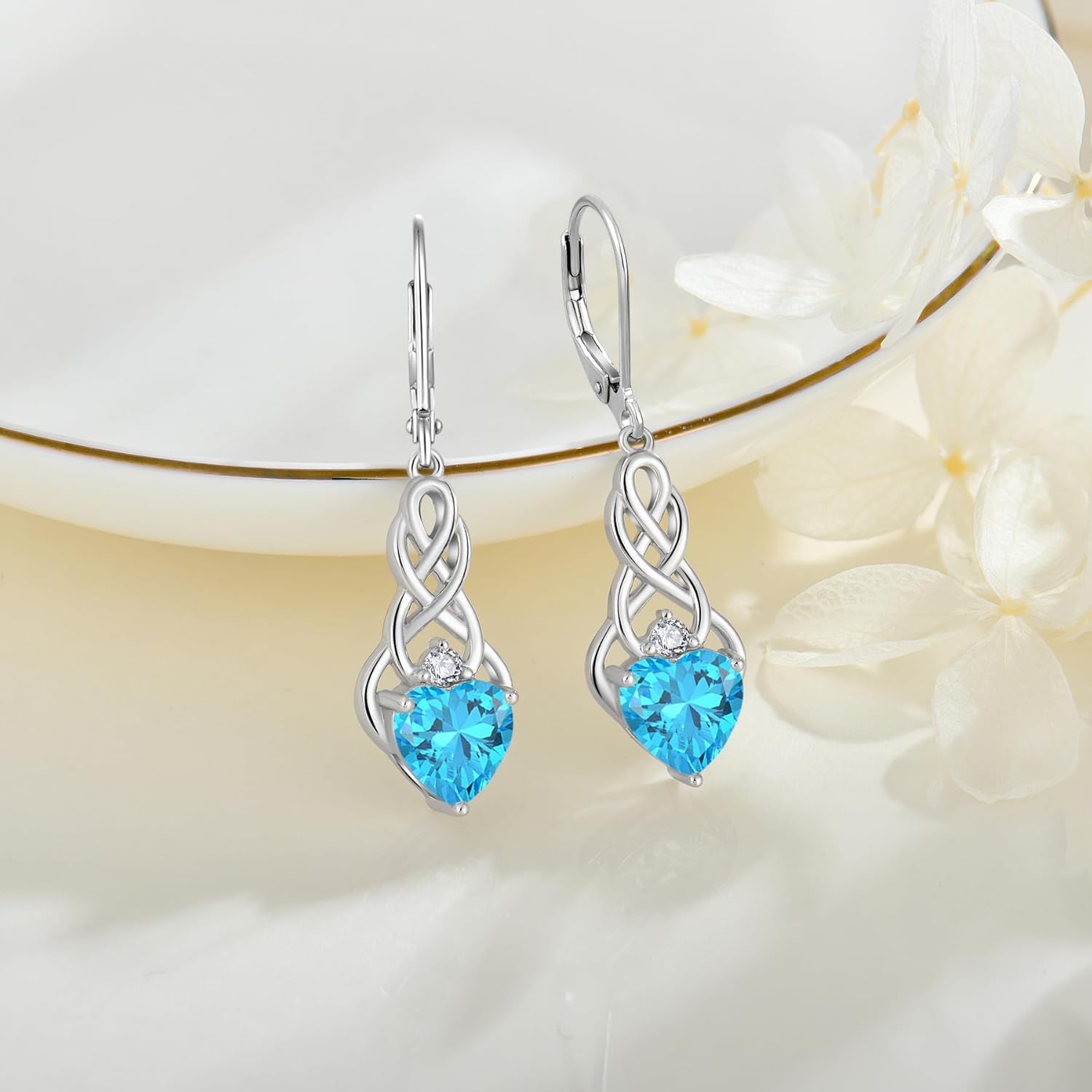 Thumbnail 3 de FJ Infinity Celtic Knot Earrings in 925 Sterling Silver with Birthstone & Cubic Zirconia Drop Detail