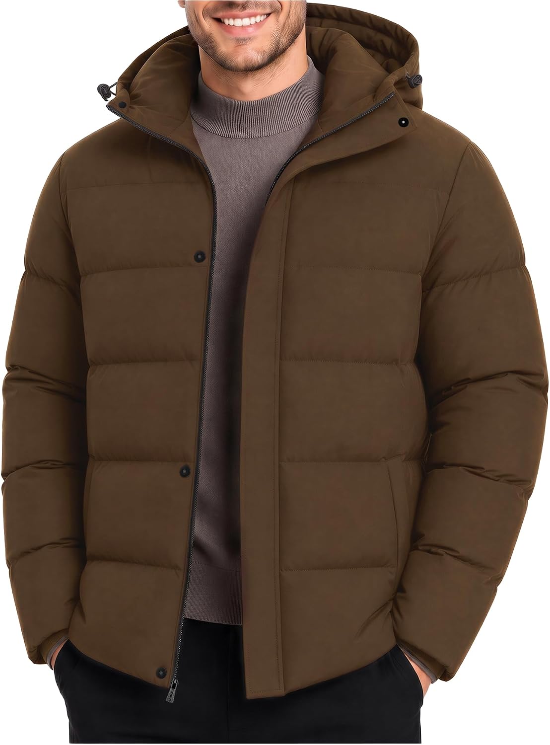 Detalle de Yufawow Men's Puffer Jacket with Cotton Fill, Fixed Hood and Three Pockets