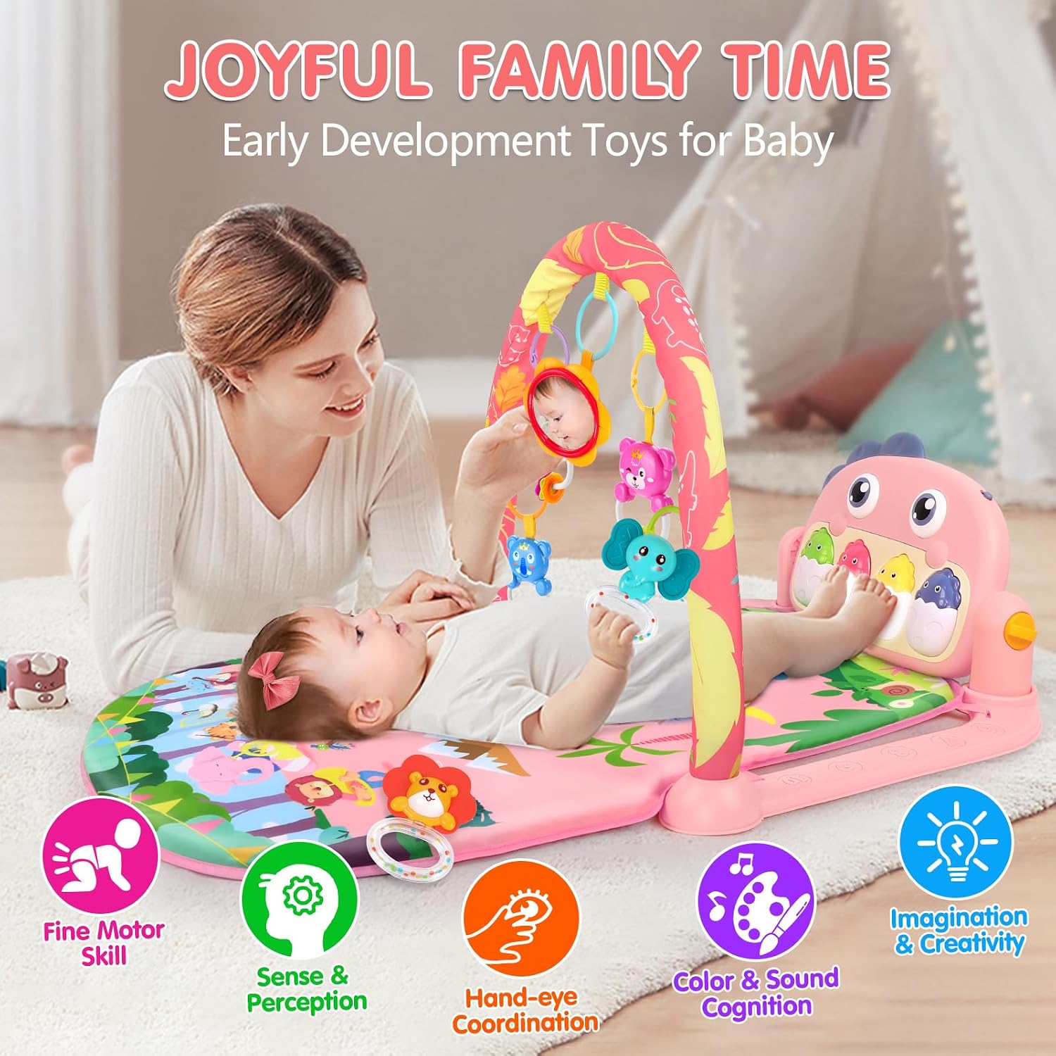 Detalle de UMIKU Pink Dinosaur Baby Play Gym Mat with Musical Piano and Activity Toys
