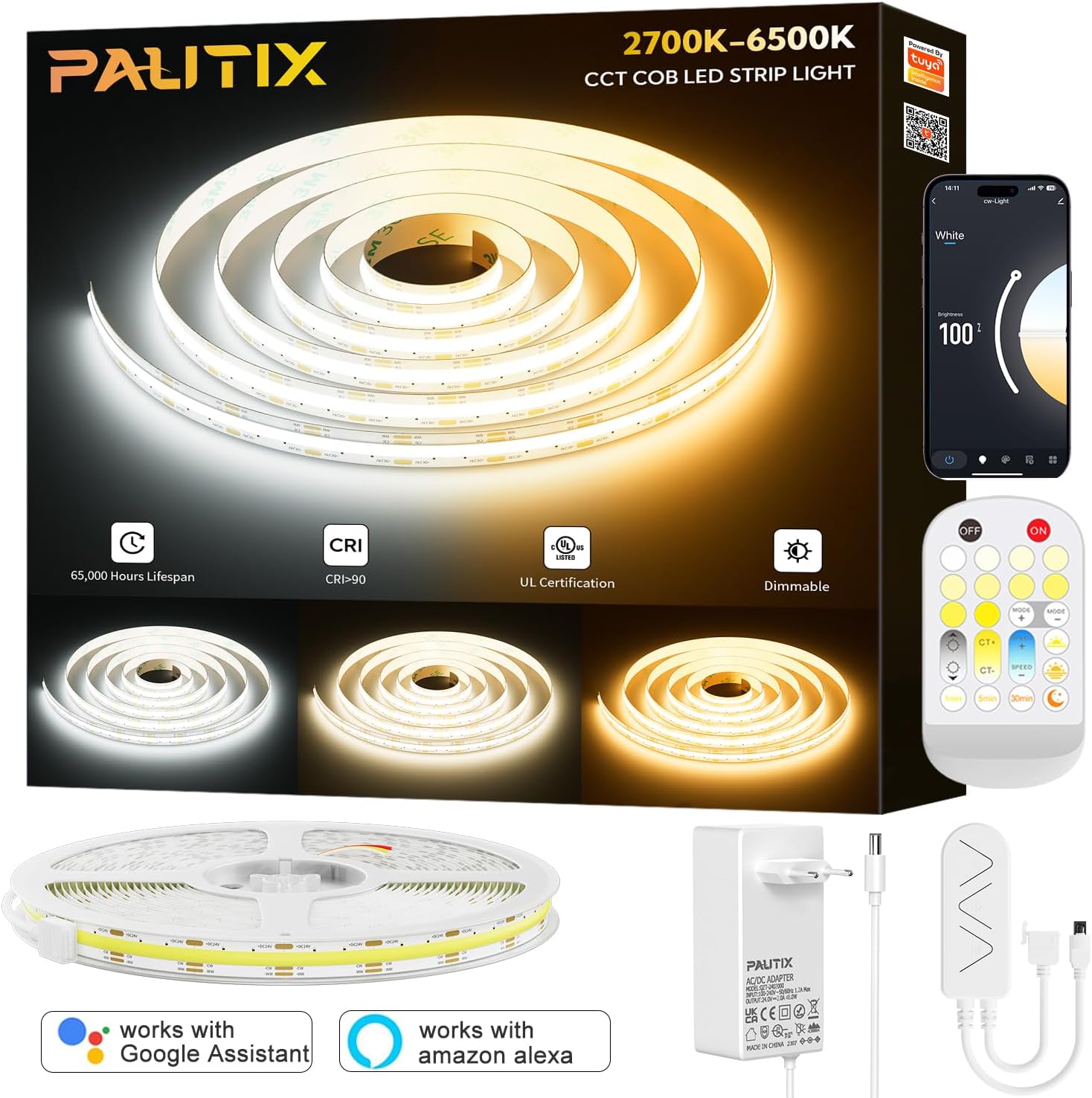 Detalle de PAUTIX COB LED Streifen CCT 5M Einstellbar Weiß 2700K–6500K | Smart WiFi, 24V, App-Steuerung