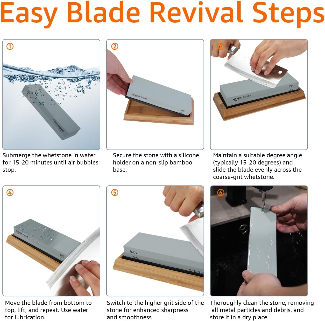 Thumbnail 5 de Amazon Basics Knife Sharpening Whetstone Kit (Dual-Sided 400/1000 and 3000/8000) with Flattening Stone & Non-Slip Bamboo Base