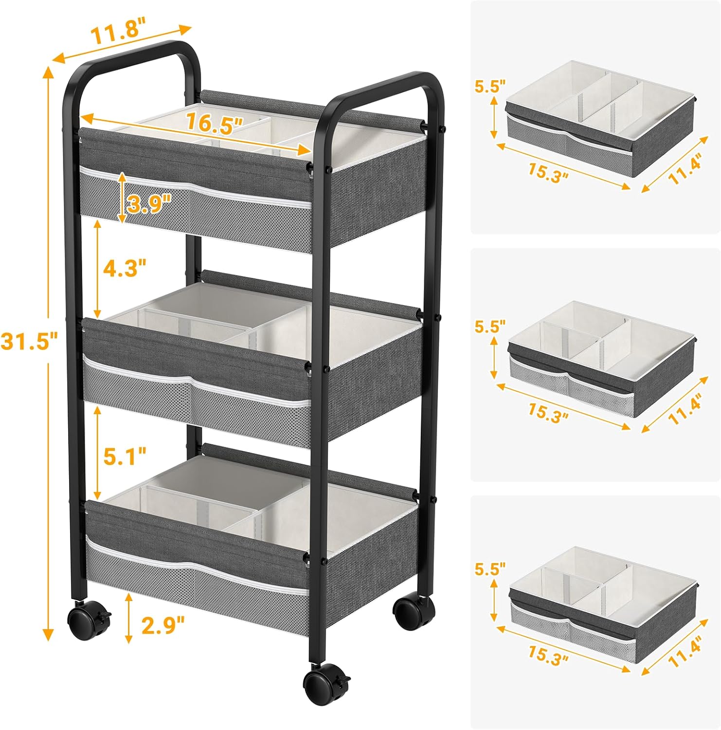 Thumbnail 3 de Baby Diaper Caddy Rolling Utility Cart, 3-Tier Nursery Organizer in White