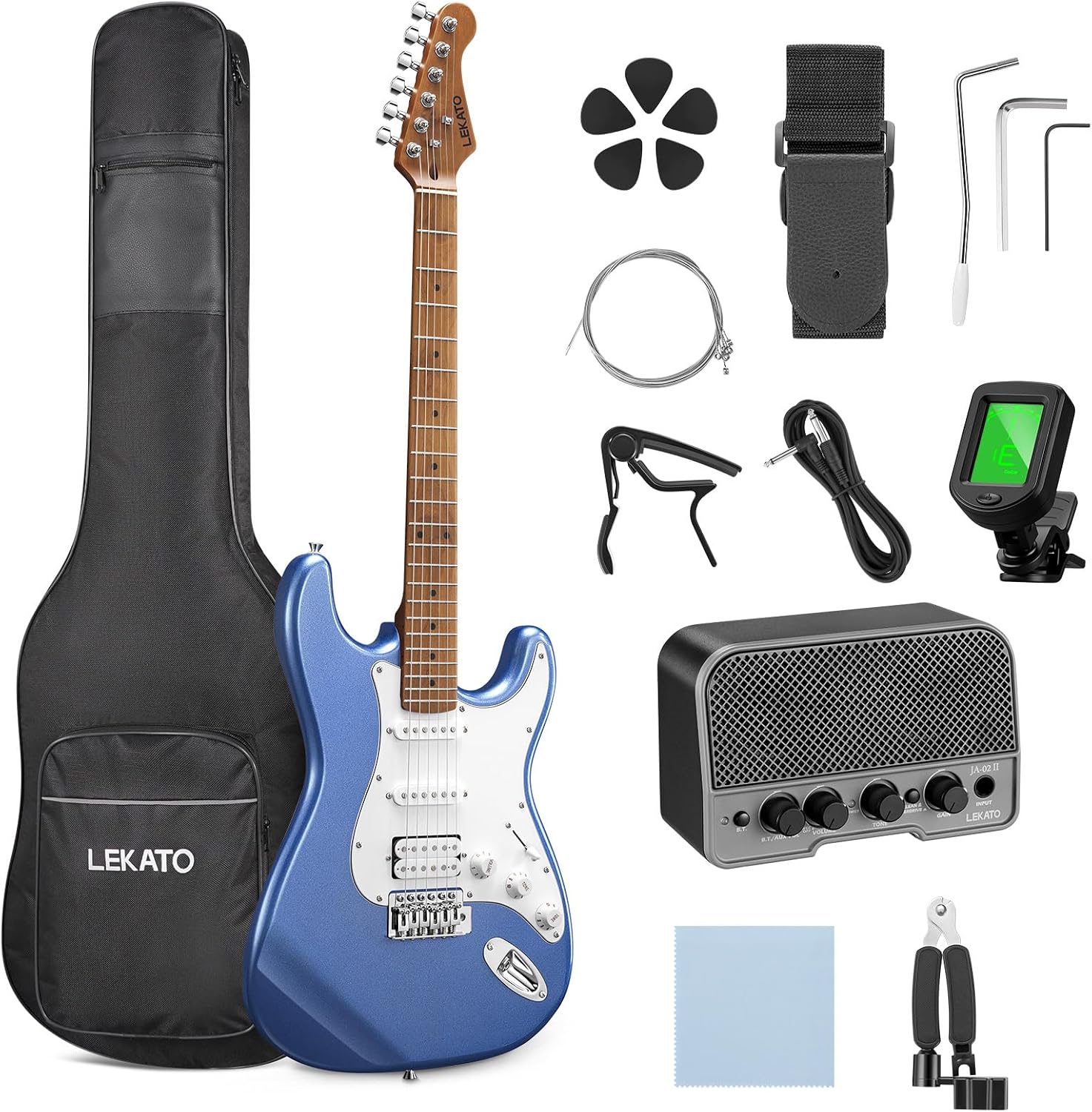 Detalle de LEKATO BCUS3680BL Electric Guitar Kit, 39-Inch HSS with 5W Mini Amp