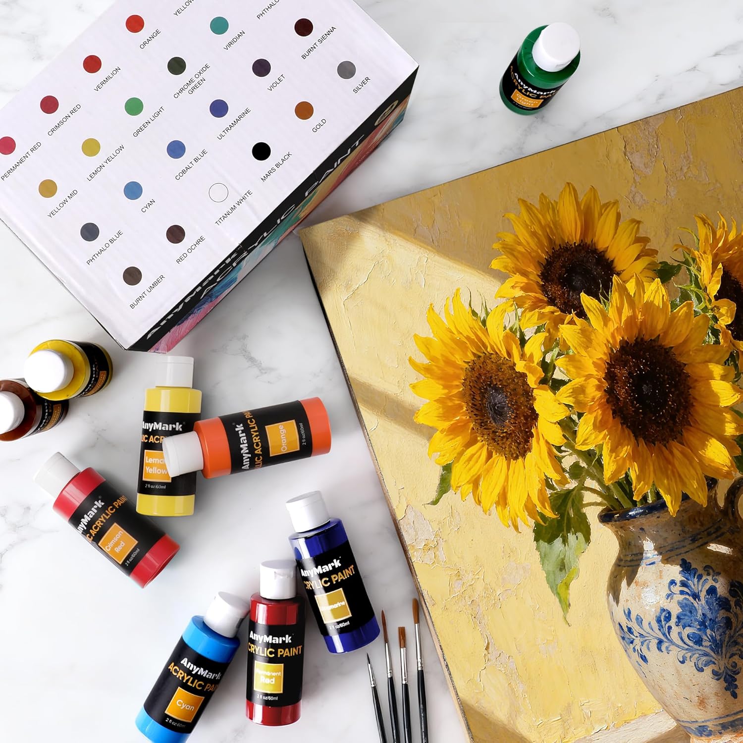 Thumbnail 6 de AnyMark Peinture Acrylique – Ensemble de 24 couleurs + 10 pinceaux (60 ml) pour toile, pierre et bois
