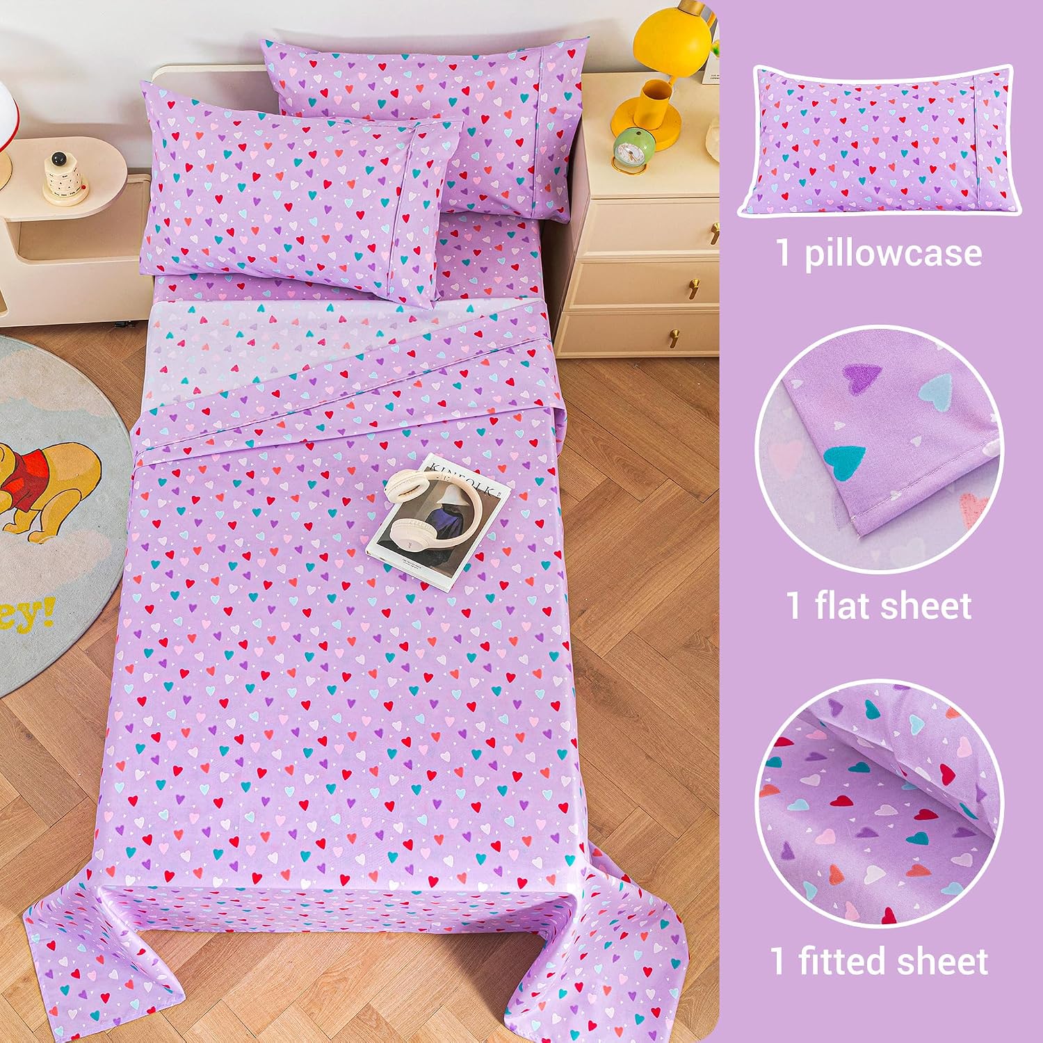 Detalle de Viviland Kids Twin Microfibre Sheet Set, Purple Hearts Print, 3-Piece