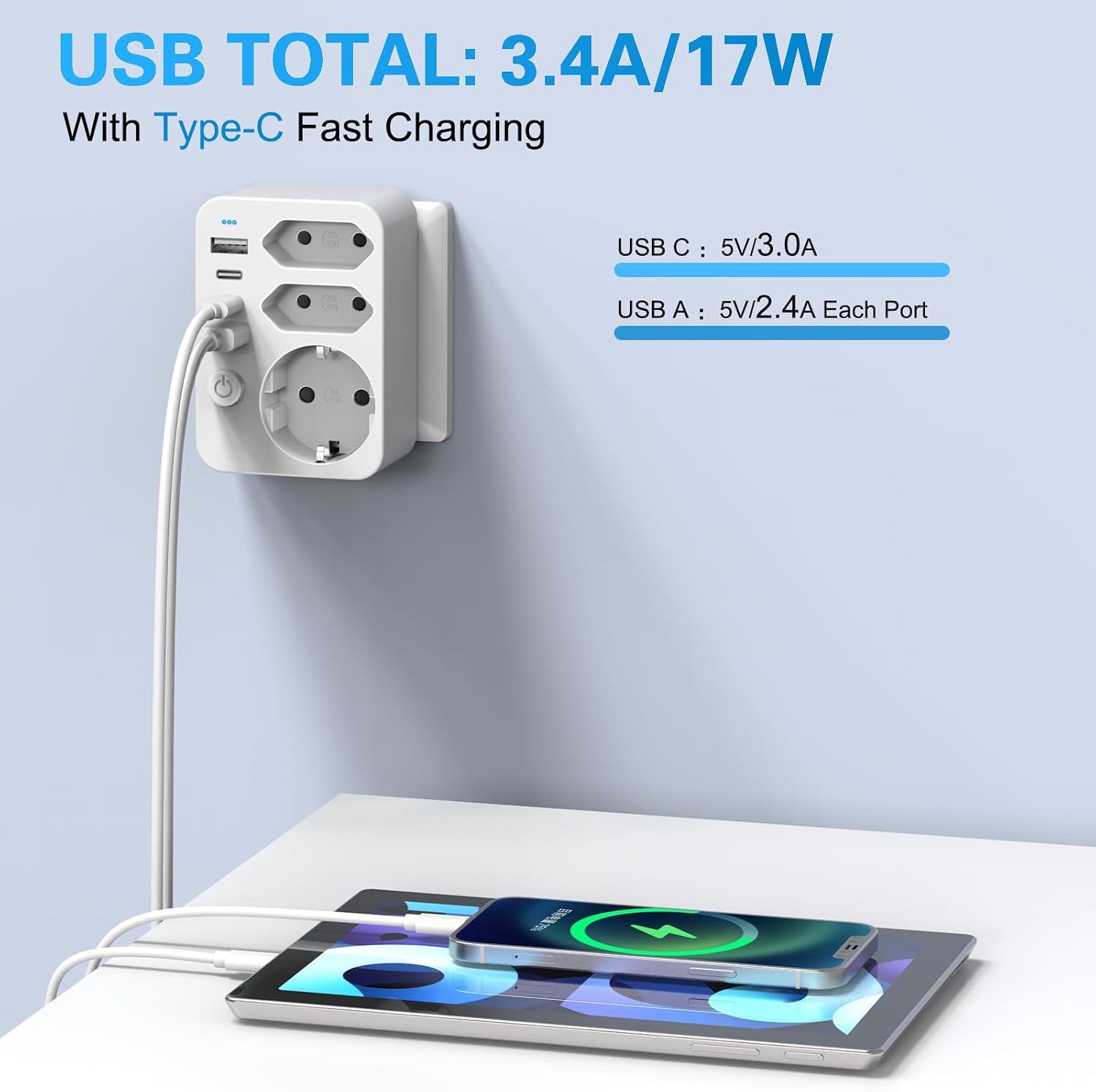 Detalle 2 de HANYEAL Mehrfachsteckdose mit USB – 6-in-1 Reise- und Haushaltslösung (EU-Stecker, 2 Schuko, Typ-C Schnellladung, 3 USB)