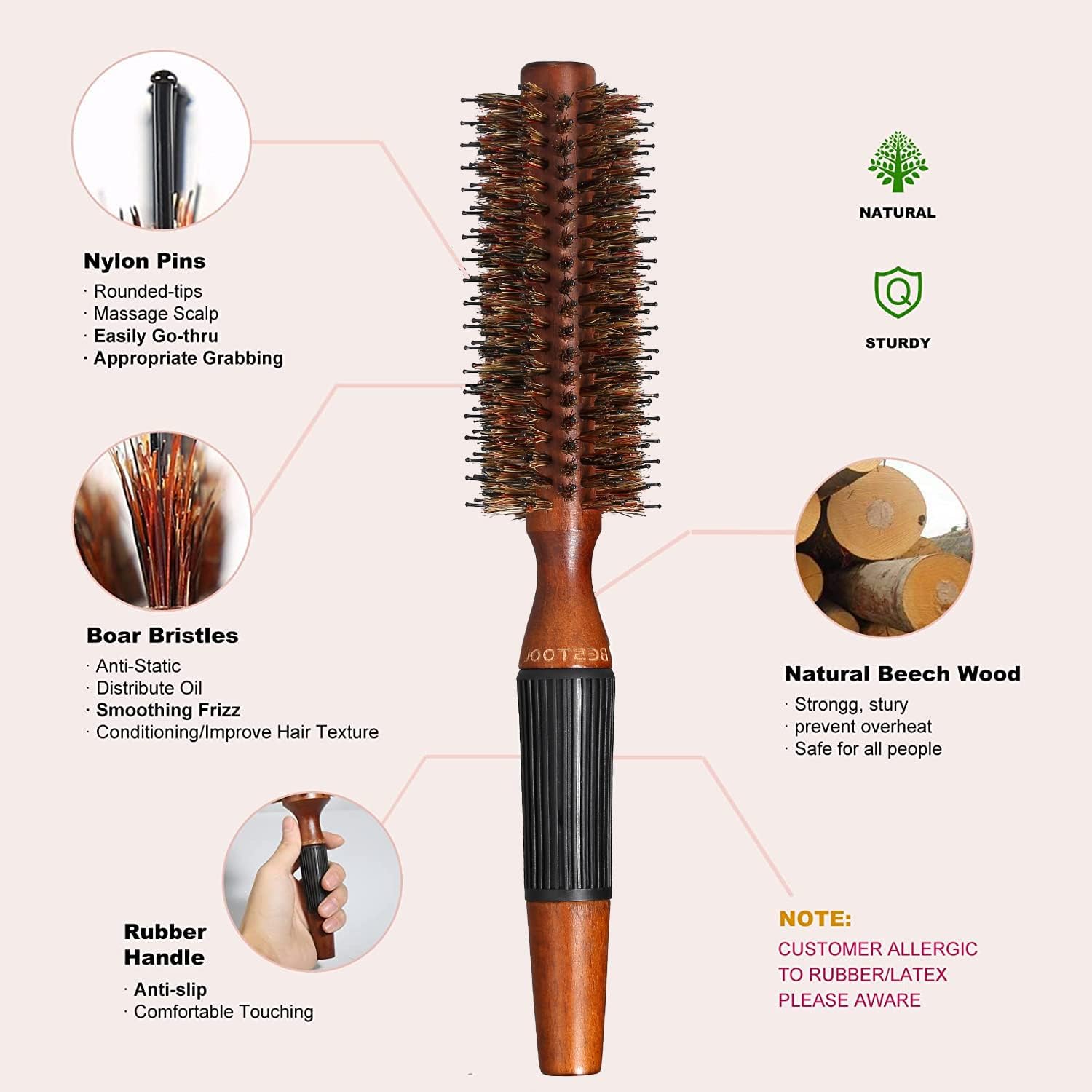 Detalle de BESTOOL Brosse ronde en poils de sanglier pour séchage au sèche-cheveux (baril en bois) – lissage et boucles