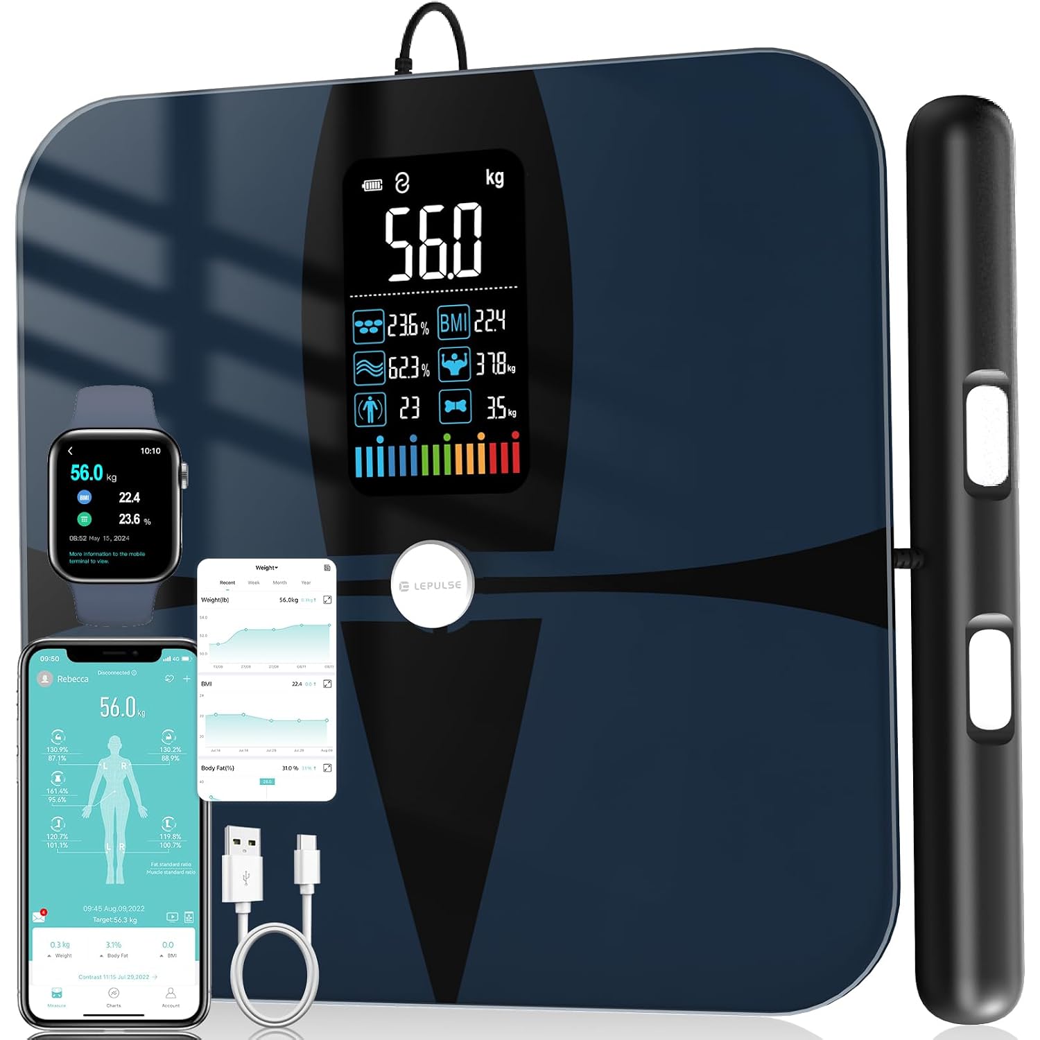 Detalle de Lepulse Smart Body Composition Scale, 8-Electrode BIA, Bluetooth, 400 lb