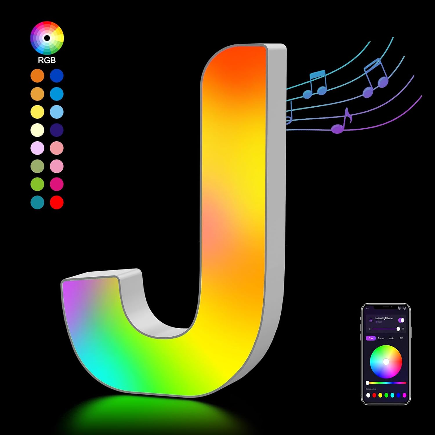 Detalle de LED Buchstaben Lichter Alphabet – Leuchtbuchstabe J mit APP-Steuerung, USB-Netzteil, dimmbar und farblich veränderbar