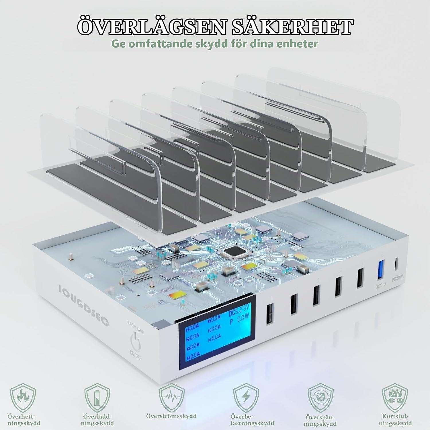 Detalle 2 de IOUGDSEC PD20W QC3.0 USB-laddningsstation med 7 portar och LCD-skärm