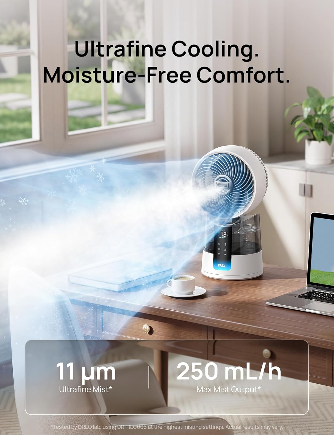 Detalle de DREO TurboCool Misting Fan 516: Ultra-Quiet 5°F Drop Cooling with Omni-Directional Oscillation