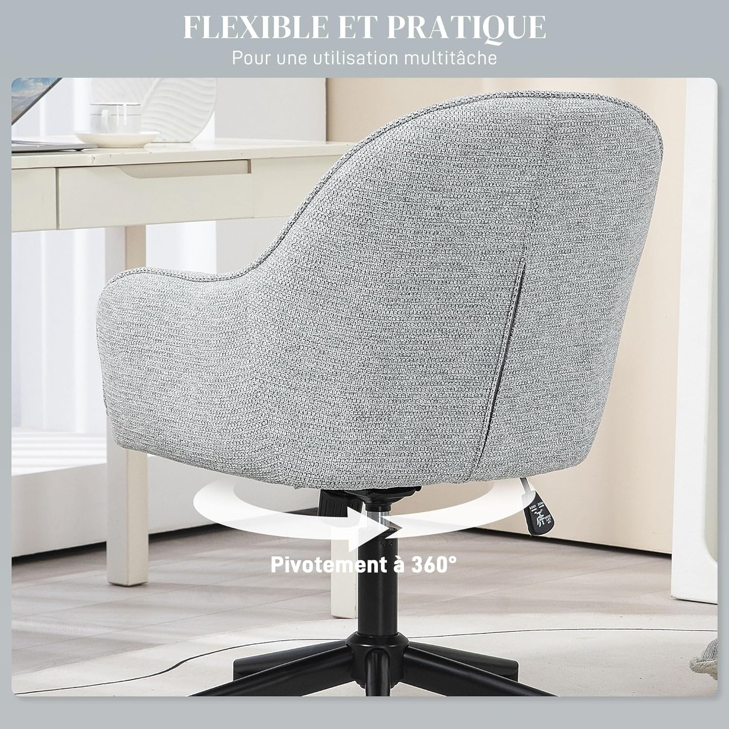 Thumbnail 5 de HOMCOM Fauteuil de bureau gris pivotant 360° à dossier et assise capitonnés, hauteur réglable
