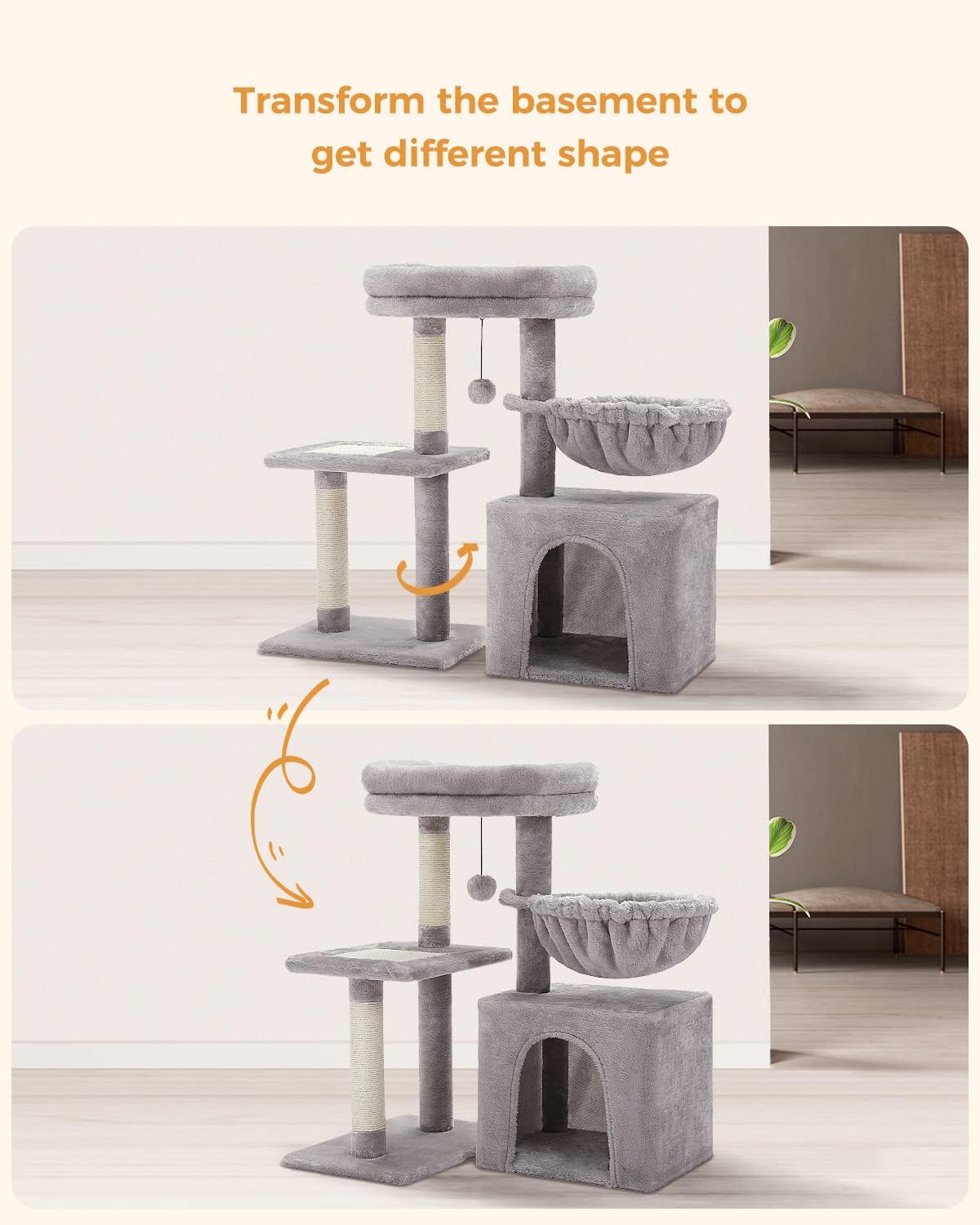 Thumbnail 5 de PAWZ Road Small Cat Tree (73cm) with Hammock & Top Perch, Indoor Activity Tower for Cats, Grey