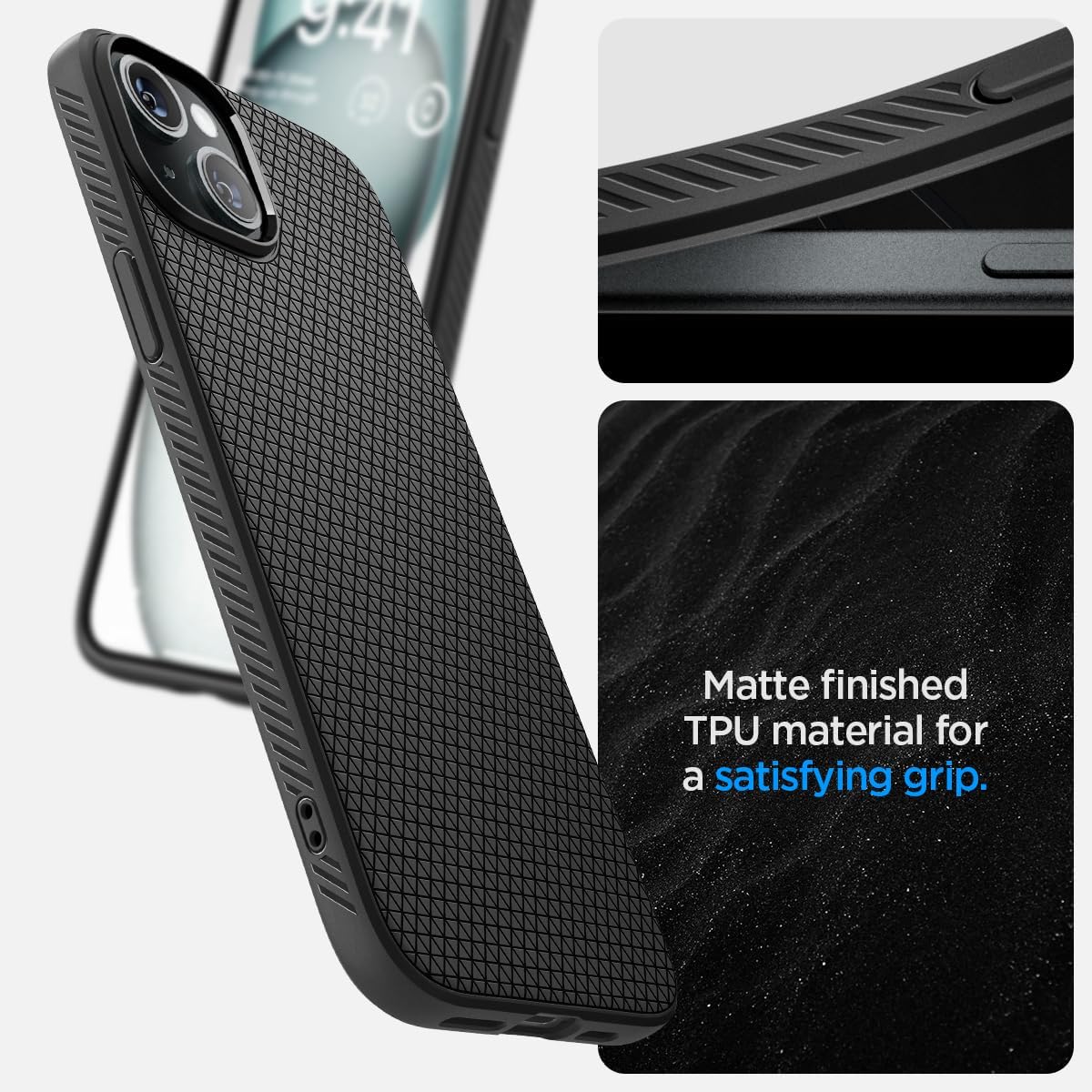 Detalle de Spigen Liquid Air pour iPhone 15 : coque TPU antidérapante noire mate