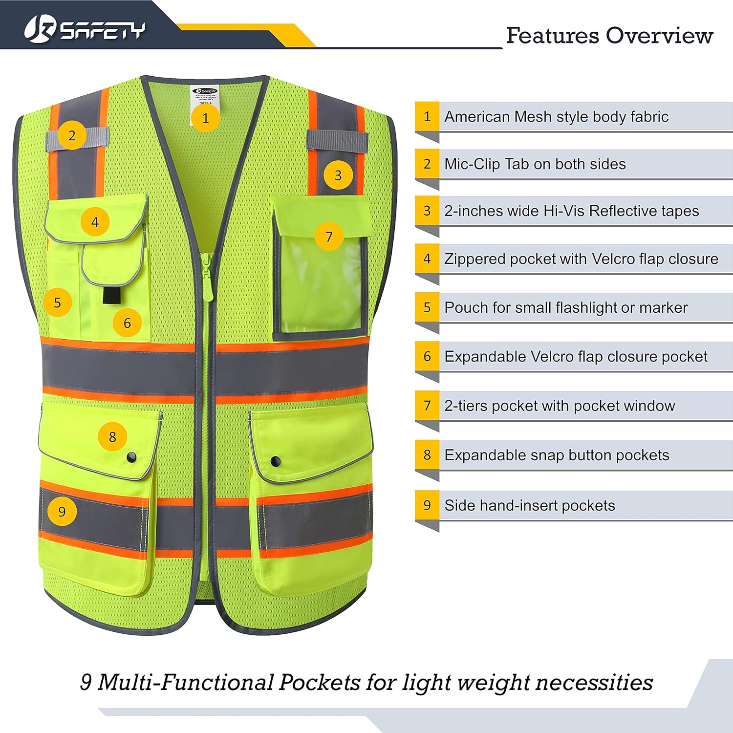 Detalle de JKSafety 9-Pocket Hi-Vis Neon Yellow Zipper Front Mesh Safety Vest (ANSI/ISEA Class 2, 100-Yellow, Size L)