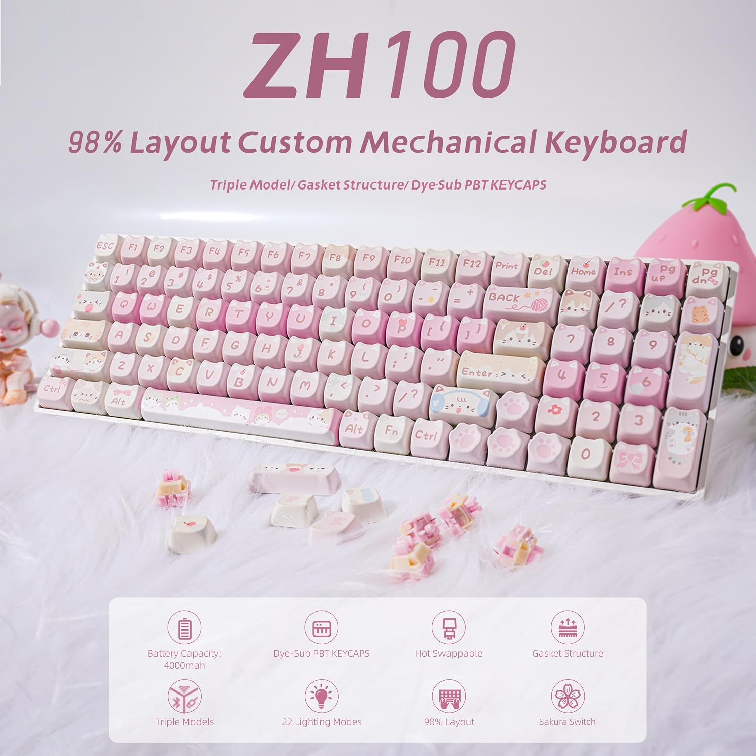 Detalle 2 de ZORNHER ZH100 Wireless Cat Mechanical Keyboard – 98% Creamy Layout with Meow Meow Squad Keycaps