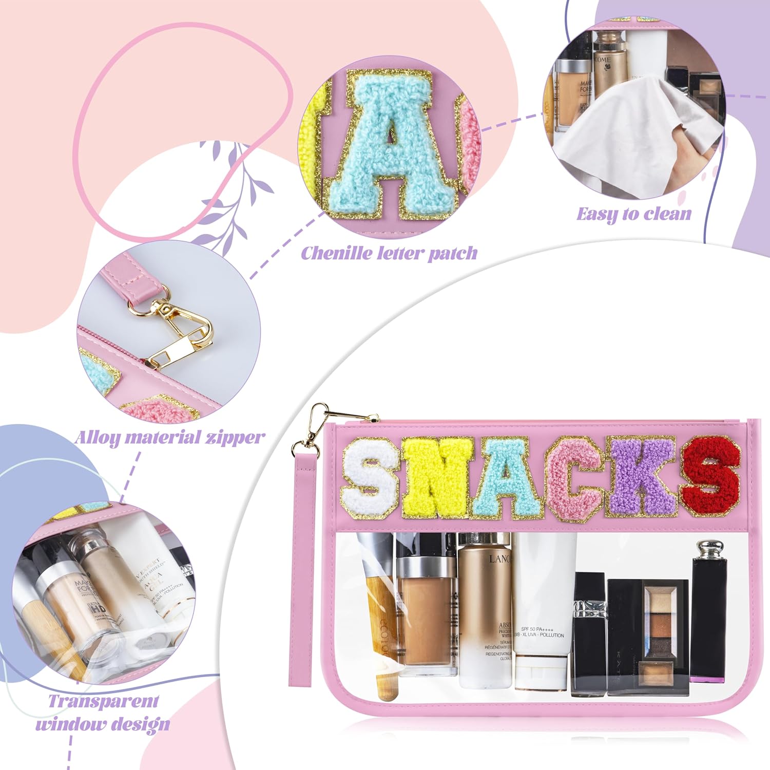 Thumbnail 2 de Buycard Pink Chenille Letter Patch Snack Bag for Travel: Waterproof, Zippered Pouch