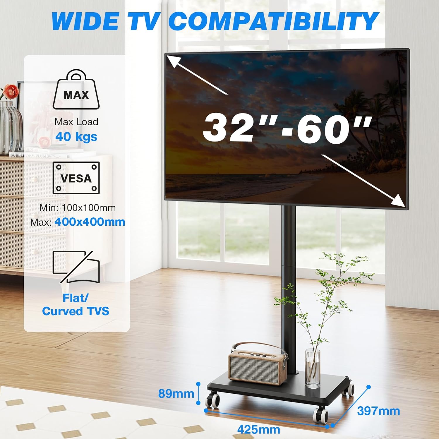 Thumbnail 1 de 5Rcom Mobile TV Stand on Wheels (Black) for 27–60 inch TVs, Height Adjustable Swivel Cart with Wood Base, Max VESA 400x400mm