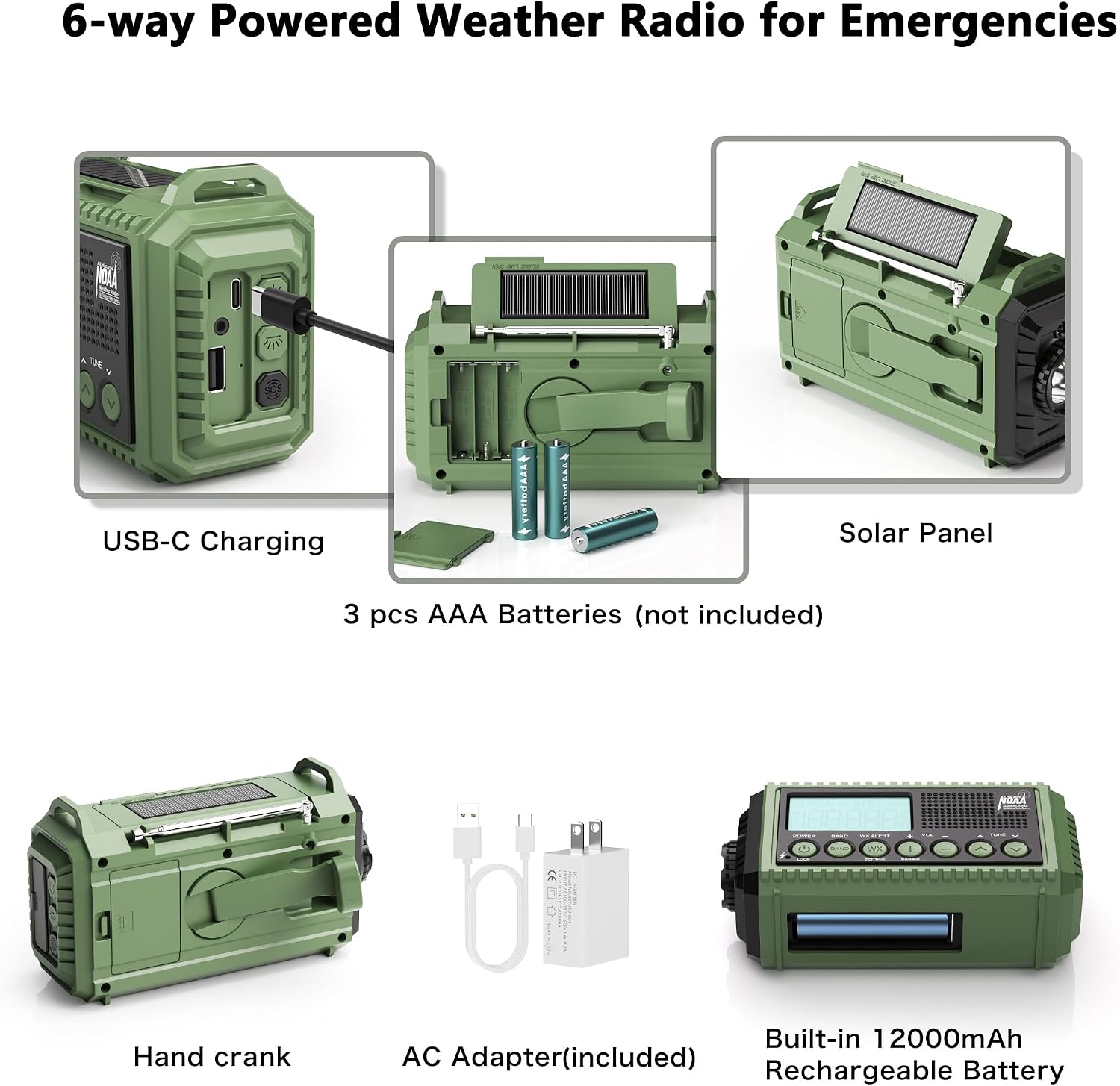 Thumbnail 3 de Eoxsmile NOAA Weather Radio 12000mAh Emergency Crank & Solar AM/FM Shortwave Radio (USB-C)