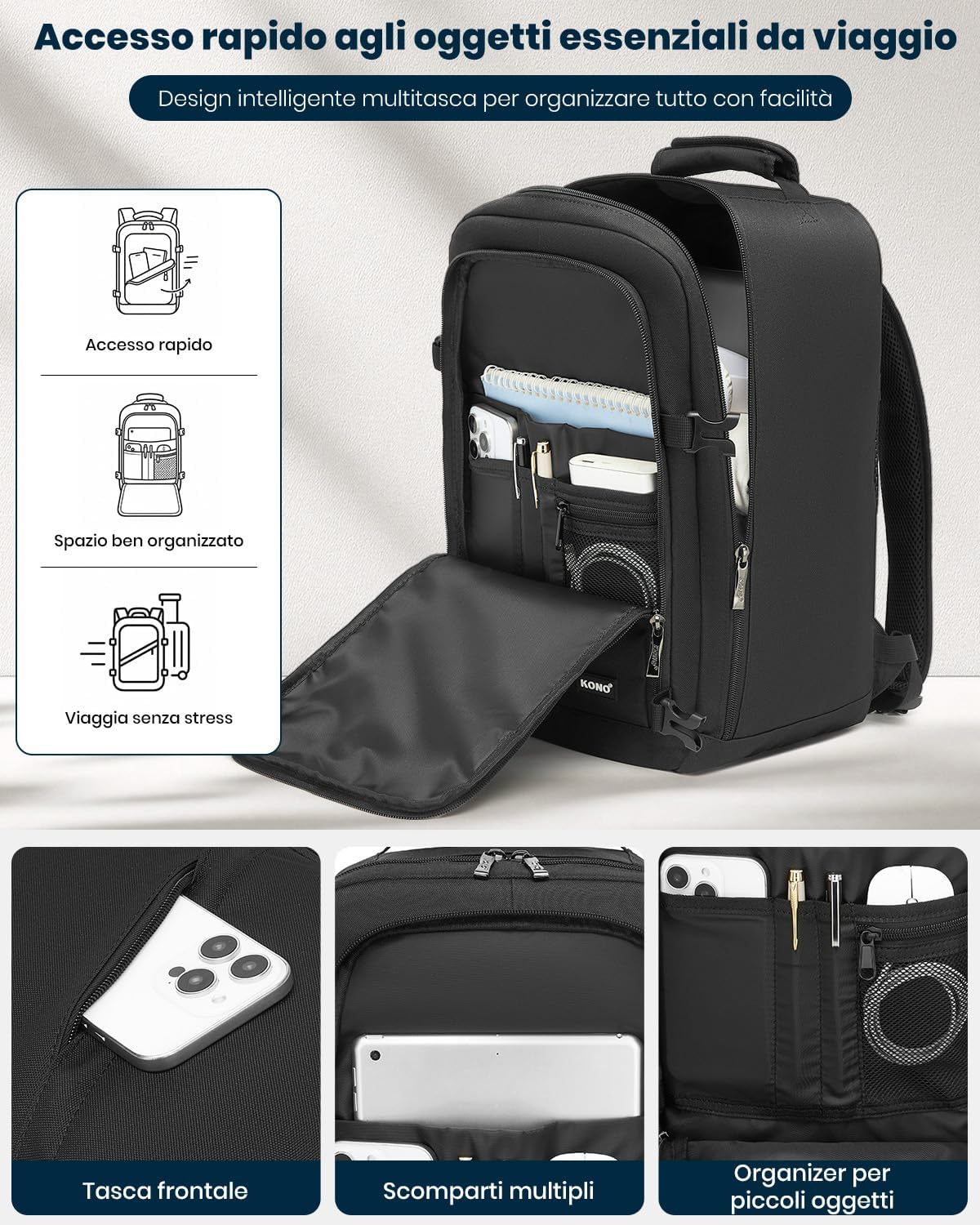 Detalle de KONO Zaino Ryanair 40x20x25: zaino da viaggio 40x20x25 cm con apertura 180° e tasca frontale nascosta