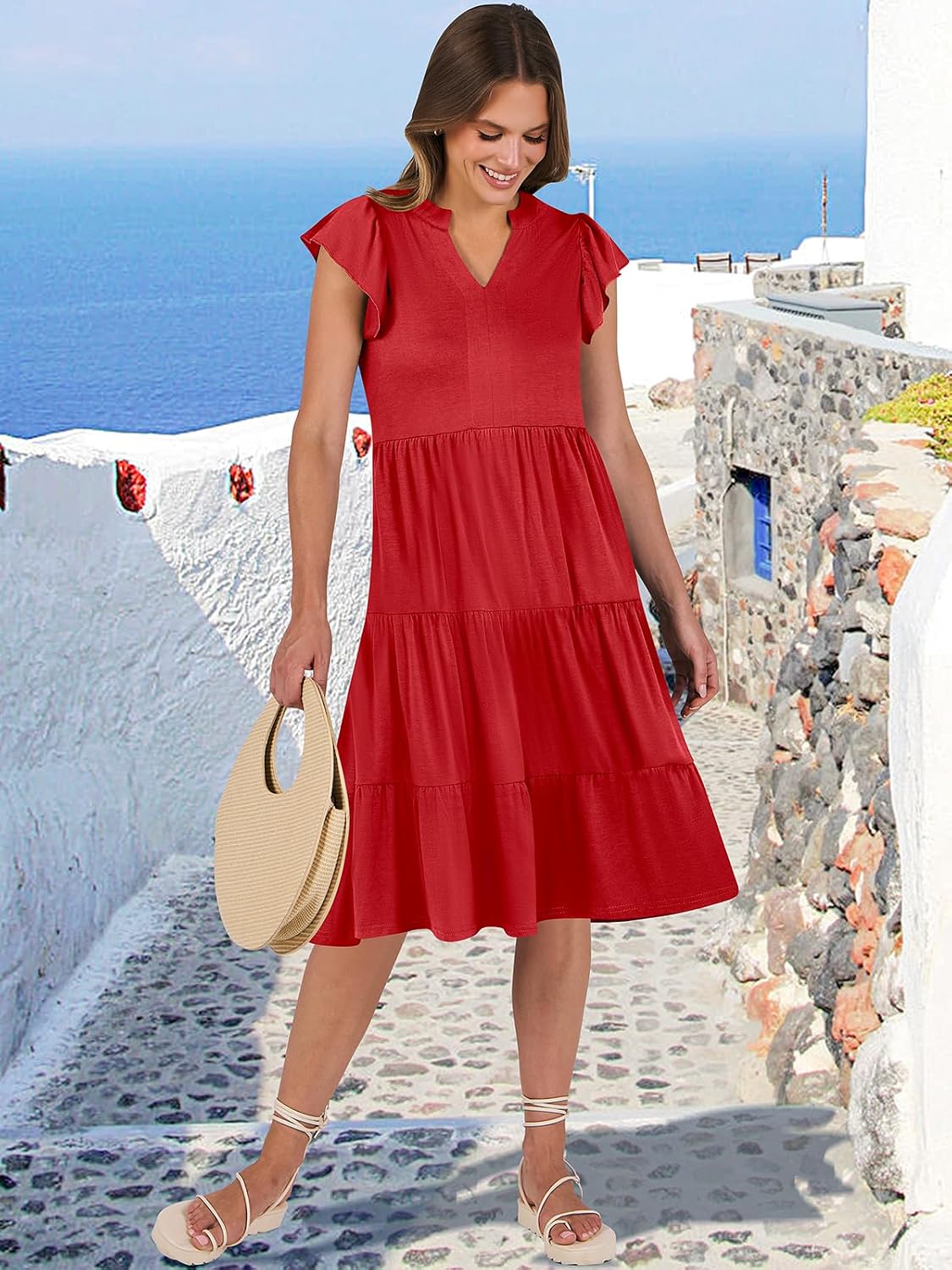 Detalle de ANRABESS Women's Summer Dress with Ruffle Sleeves and V-Neck Midi — Boho Casual Sundress