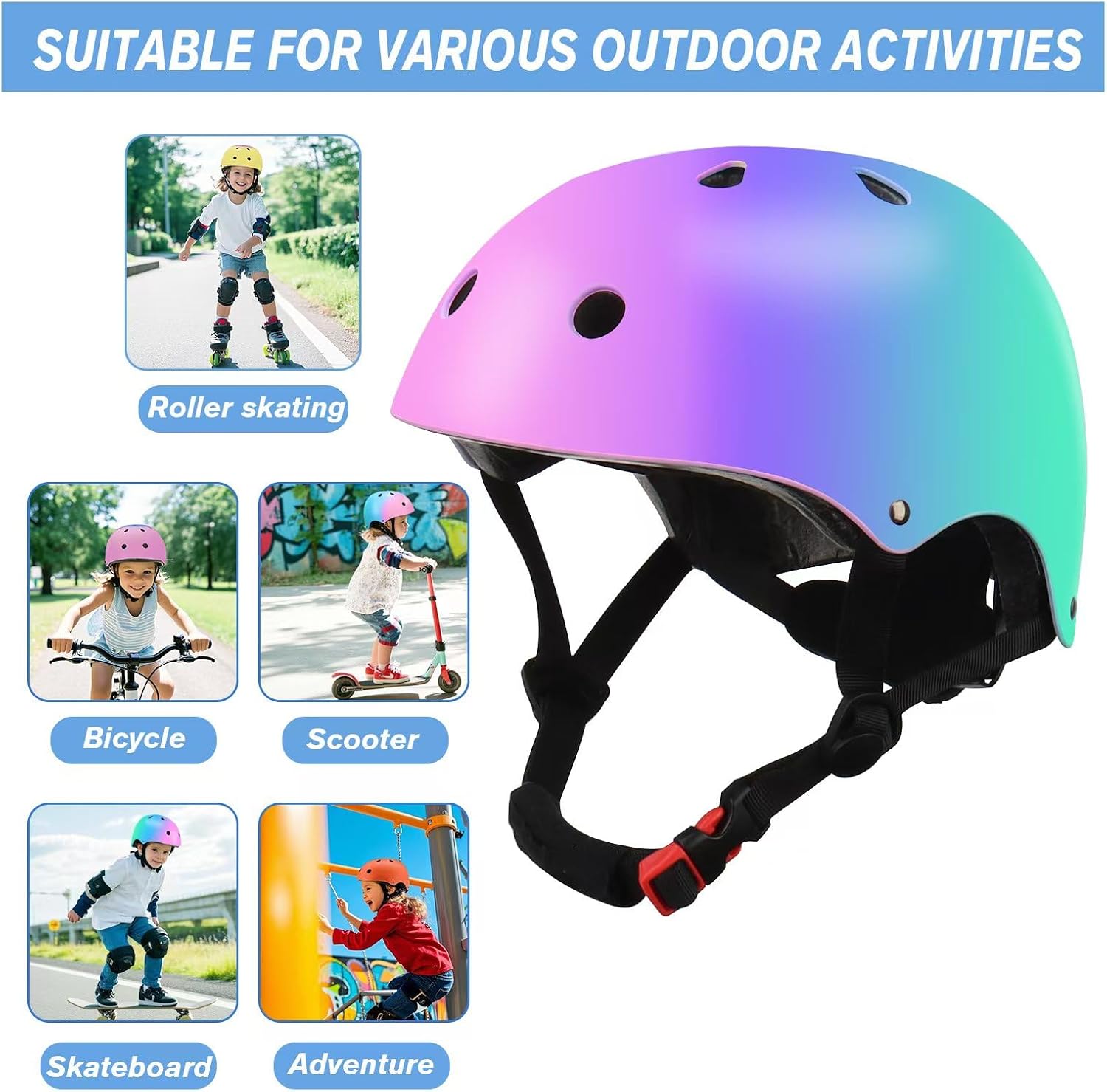 Detalle de Color Gradient Adjustable Kids Bike Helmet with Knee & Elbow Pads Set — 7-in-1 Safety Gear for Ages 5–14