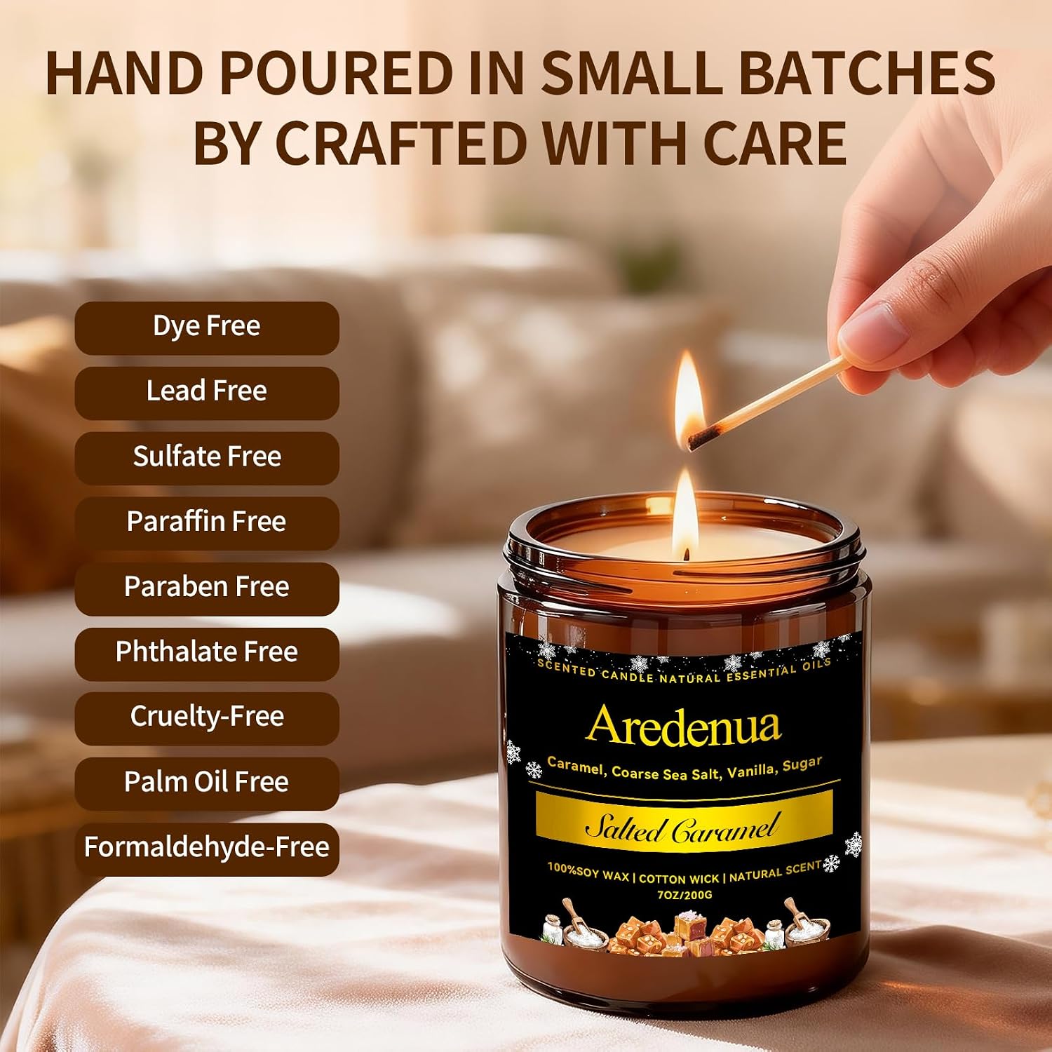 Detalle de Salted Caramel Candle | Odor Eliminating Soy Candle, 7oz, Up to 50 Hours Burn Time