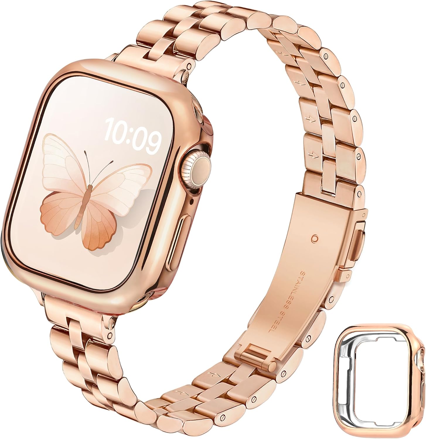 Detalle de G-ficu Thin Metal Strap with Case for Apple Watch — Slim Stainless Steel Band with Protective Cover (44/45mm, 42/40mm, 38/41mm) for Series 9 to SE