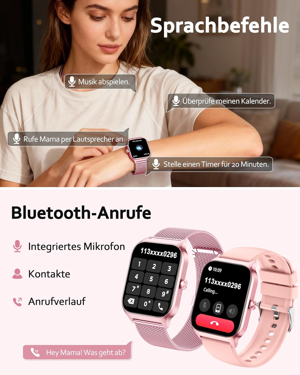 Detalle de Popglory Smartwatch mit Telefonfunktion für Damen & Herren – 1,85" HD Display, Fitnessuhr mit Blutdruck, SpO2 & mehr