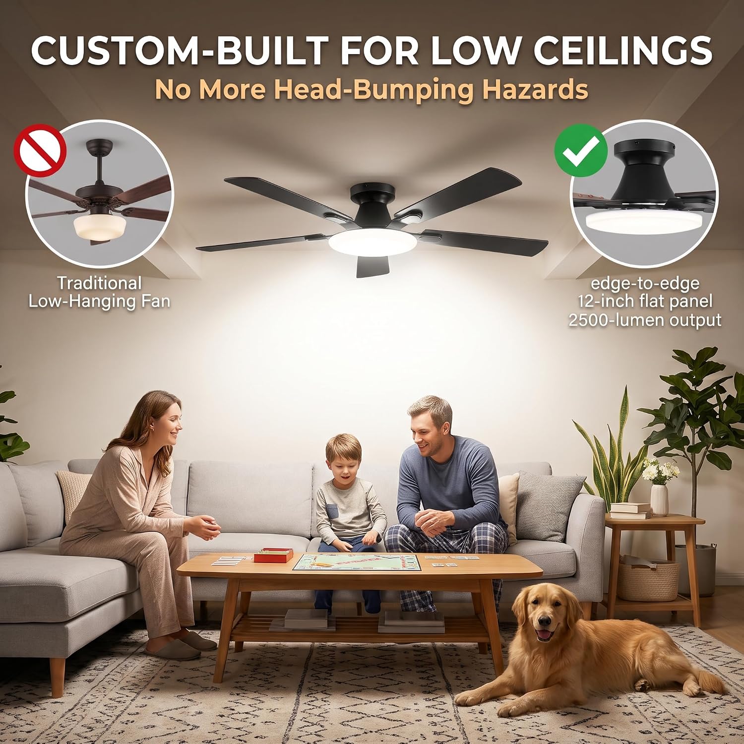 Thumbnail 1 de LEDIARY 52 Inch Flush Mount Ceiling Fan with Lights, Remote & APP Control