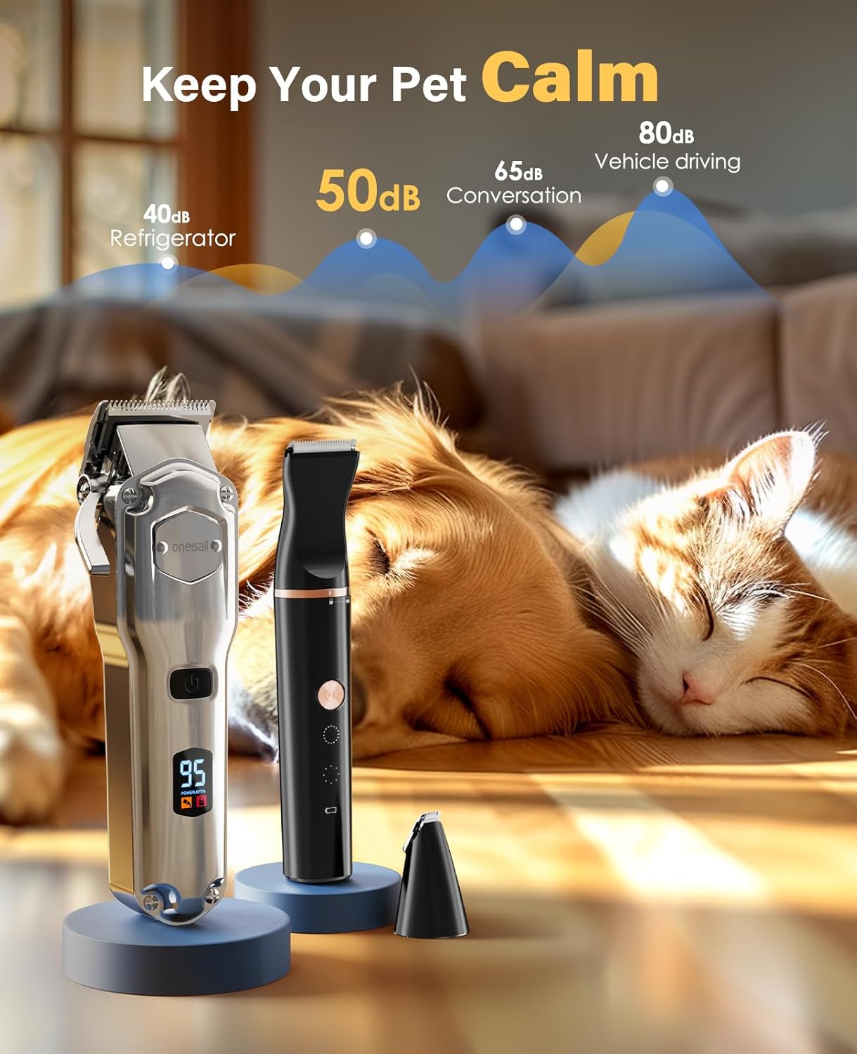 Detalle de Oneisall 3 in 1 Tosatrice per Cani: lame in acciaio, silenziosa e wireless per mantelli spessi