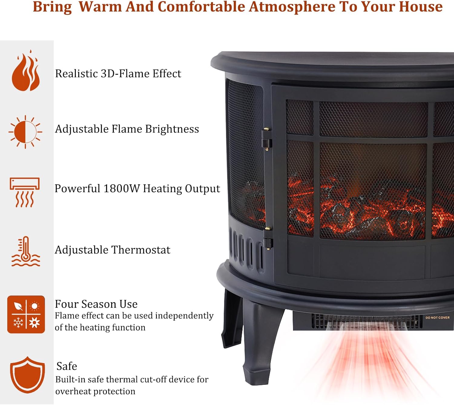 Thumbnail 3 de INMOZATA electric fire stove heater with LED log flame effect, adjustable thermostat and 1800W heating
