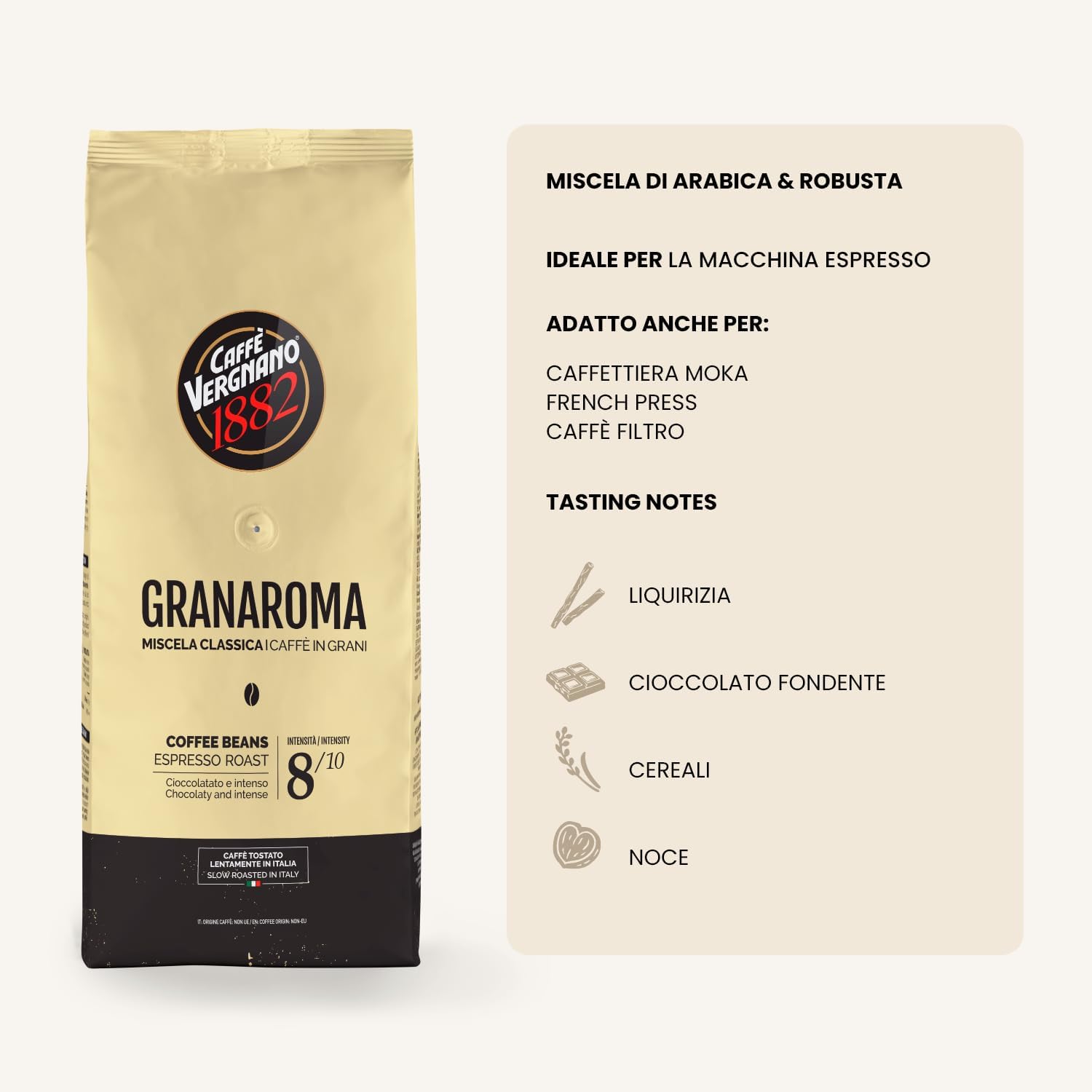 Detalle de Caffè Vergnano 1882 Granaroma in Grani, 1 Kg — eleganza e equilibrio per ogni momento
