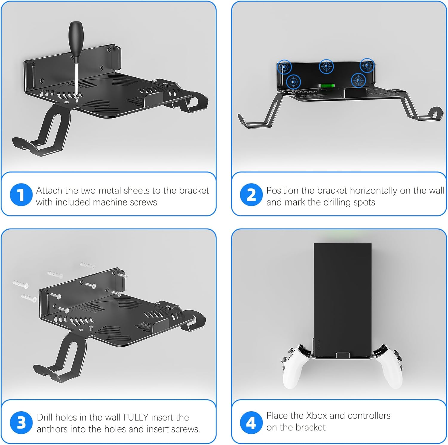 Detalle 2 de Bricok Aluminium Alloy Wall Mount Kit for Xbox Series X with Controller Stands and Ventilation Shelf (Black)
