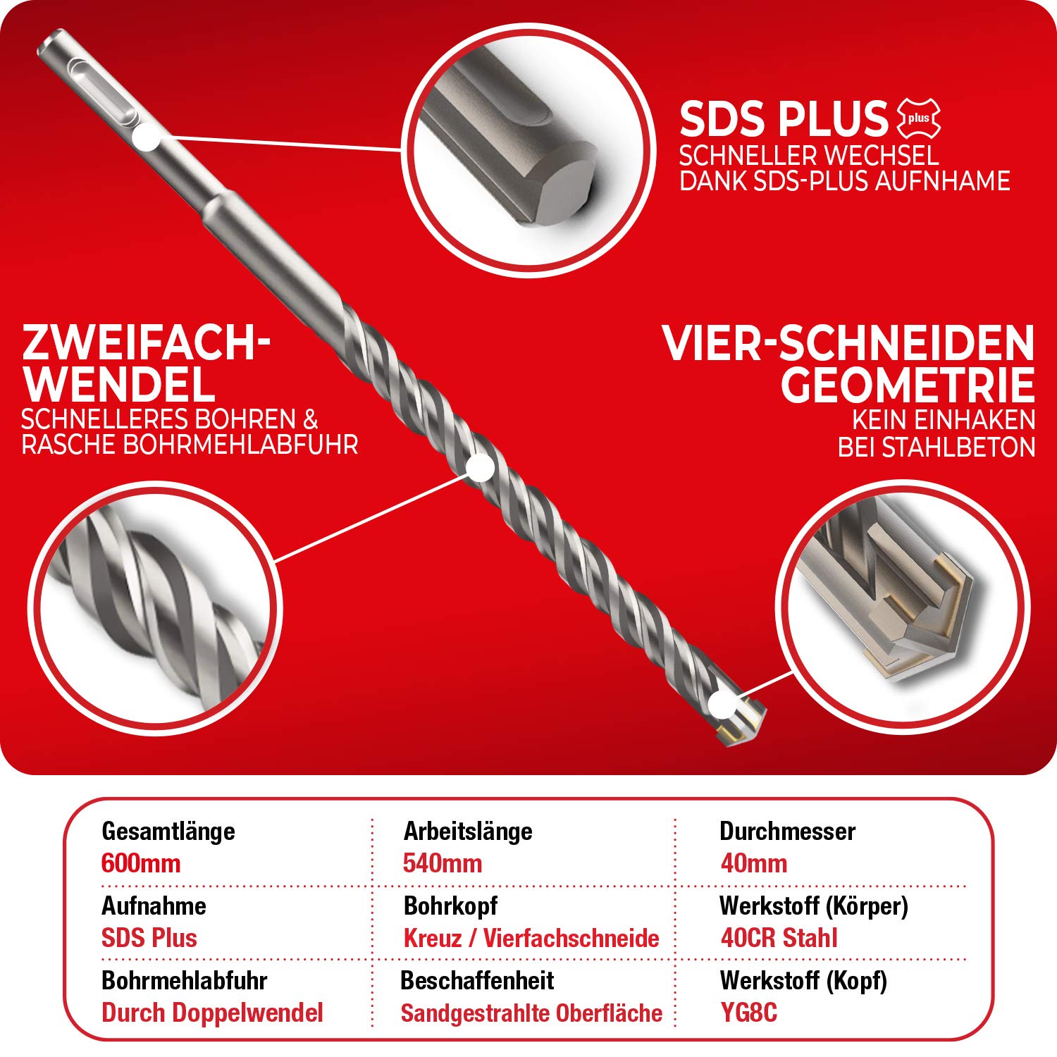 Thumbnail 2 de SCHWABENBACH SDS‑Plus Bohrer 40 mm – Betonbohrer mit Vollhartmetallkopf, 600 mm Gesamtlänge, 200 mm Arbeitslänge
