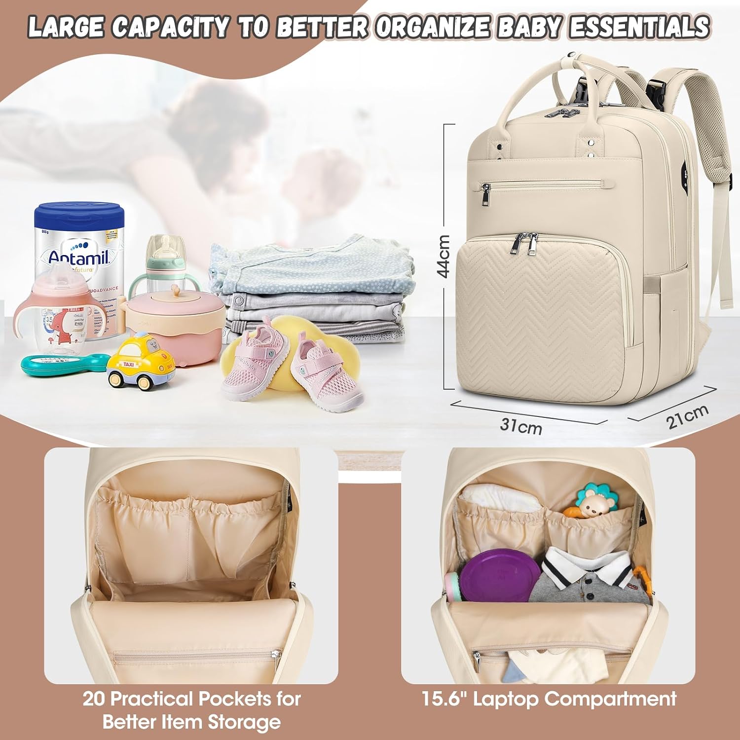 Thumbnail 1 de RAINSMORE Wickelrucksack für Babys: Baby-Wickeltasche mit Wickelunterlage, Windelwäschesack & isolierten Flaschentaschen (Aprikose)