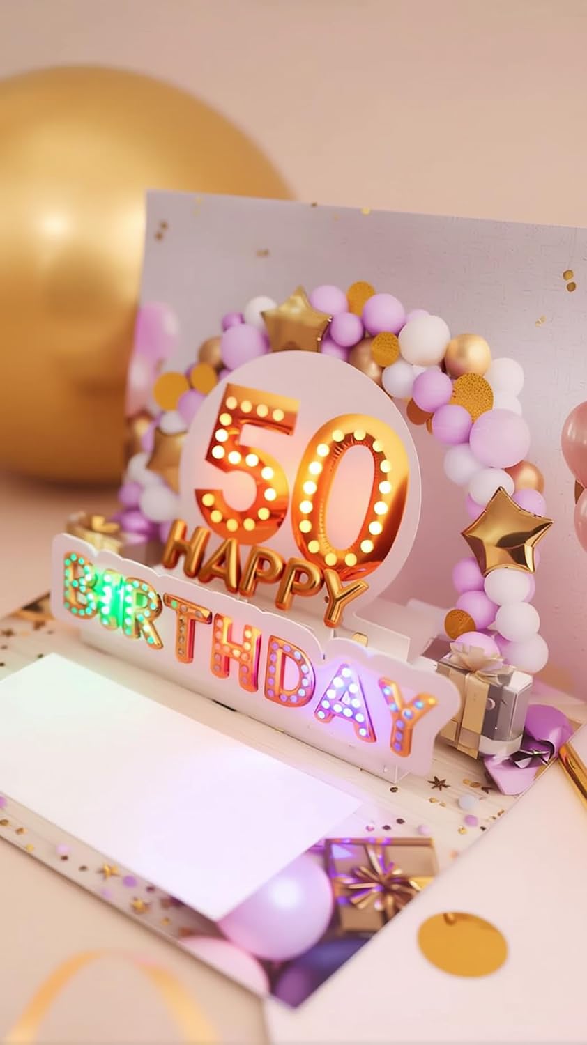Detalle 2 de Joli Coon – Biglietto auguri 50 anni donna con musica e luce 3D, busta premium e sigillo
